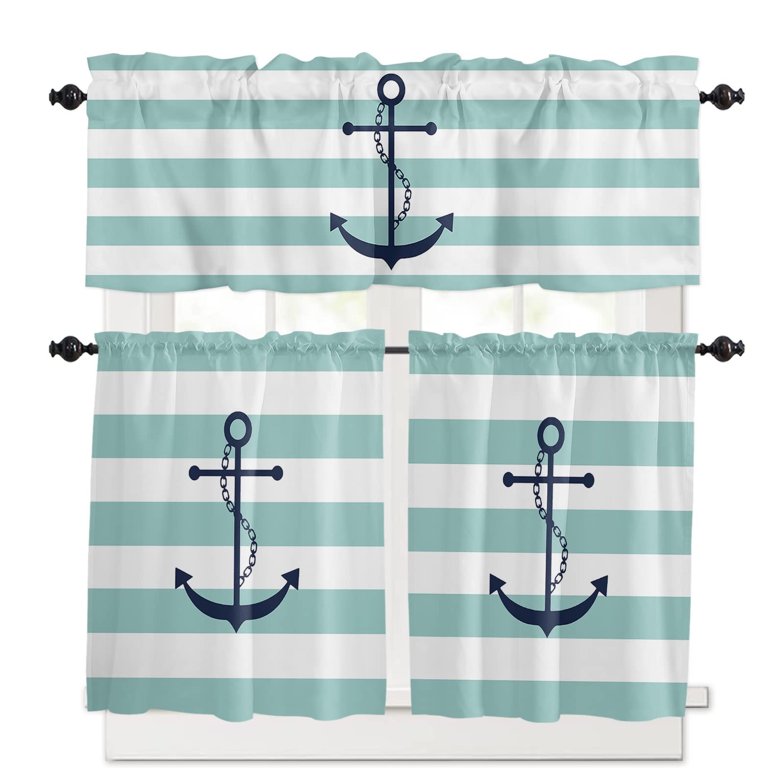 Teal Geometric Stripes Marine Anchor Kitchen Curtains Set with Valances - 24 Inch Length Rod Pocket Tier Curtains in Ocean Turquoise Pattern - Perfect for Cafe, Bedroom, and Coastal-Themed Windows