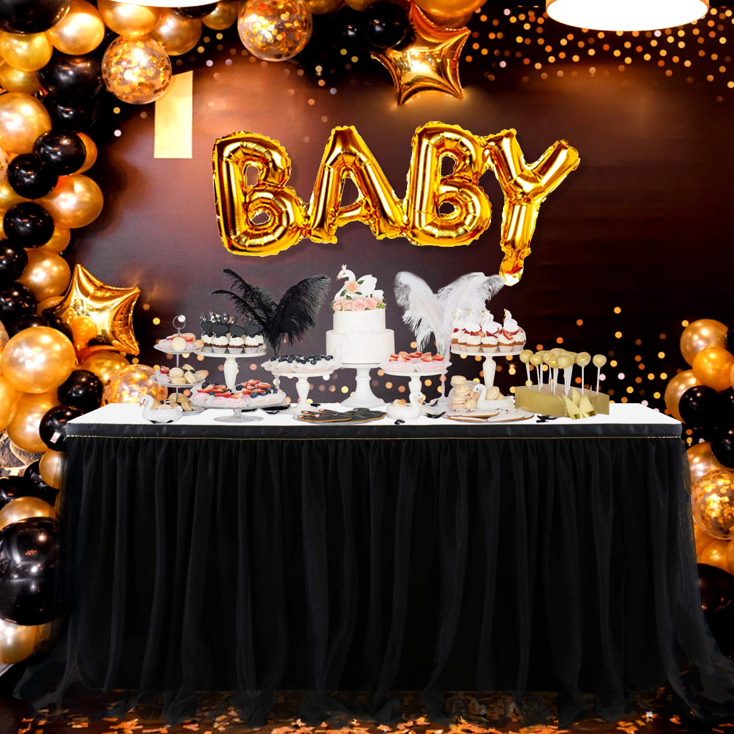 Suppromo 9ft Black Table Skirt - Premium Tutu Tablecloth for Rectangle & Round Tables - Elegant Party Decor for Birthday, Wedding, Baby Shower, Graduation & Halloween Celebrations - Perfect for Banquet Halls, Event Centers & Home Decor