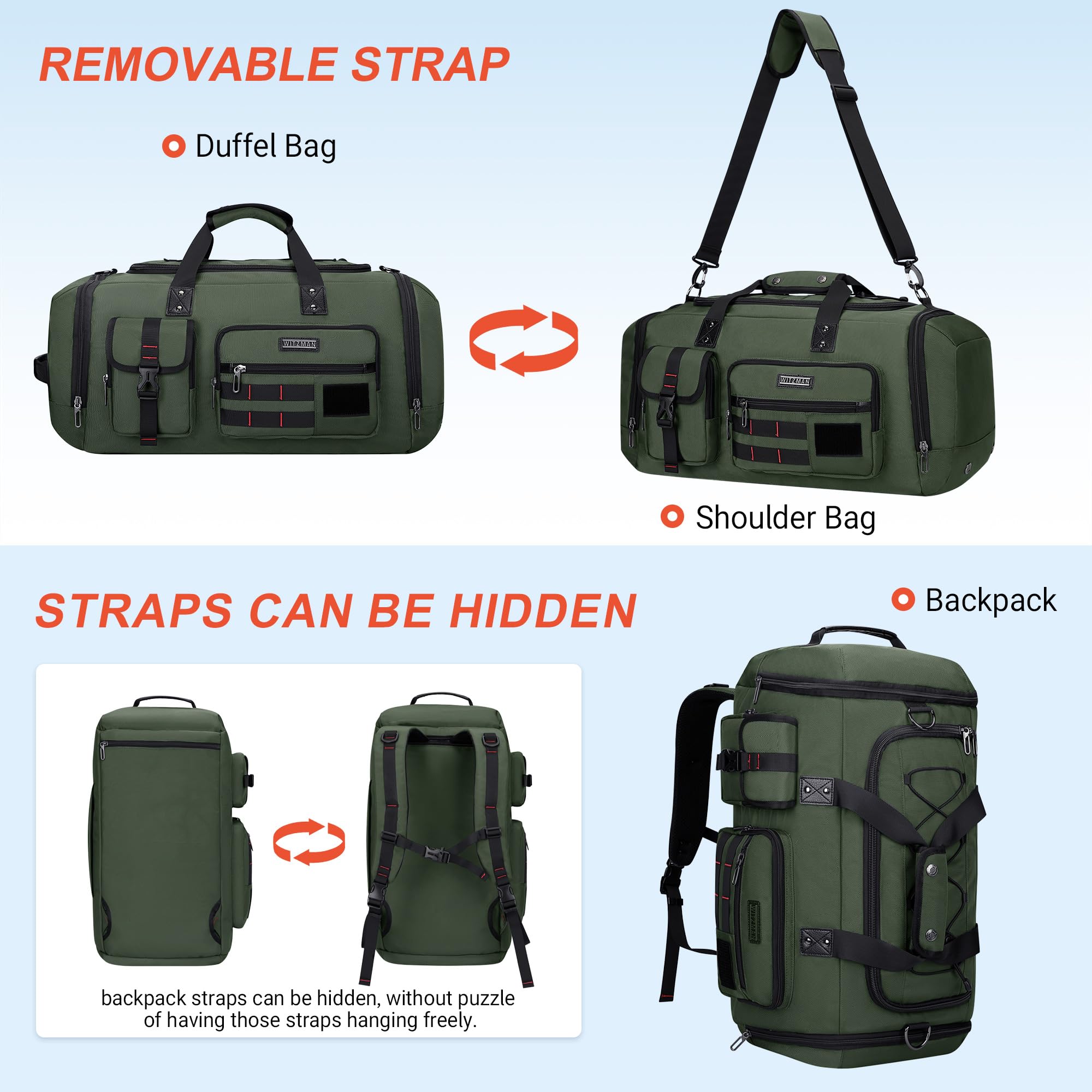 WITZMAN Men's Large Travel Duffel Bag - 3-in-1 Carry On Weekender Overnight Bag with Shoe Compartment (Army Green B693) | Perfect for Gym, Business Trips & Weekend Getaways