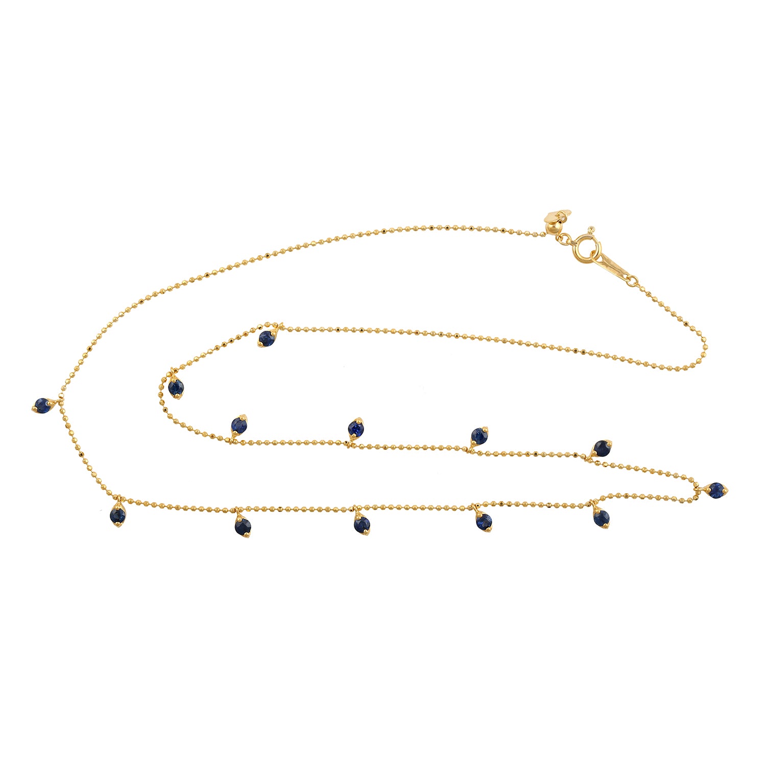 18K Yellow Gold Blue Sapphire September Birthstone Beaded Station Chain Necklace - Perfect for Birthdays, Anniversaries & Special Occasions