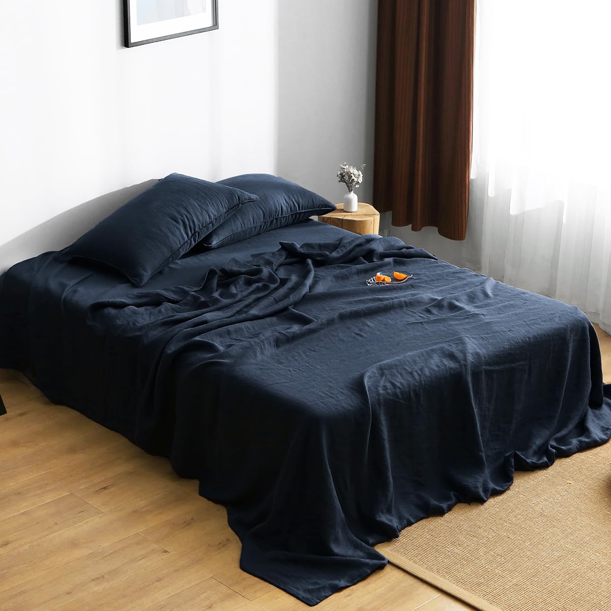100% Organic Linen Sheets Set - French Natural Flax Bedding - Ultra Soft Stone Washed 4-Piece King Size (Navy) for Luxury Bedroom & Guest Room Decor