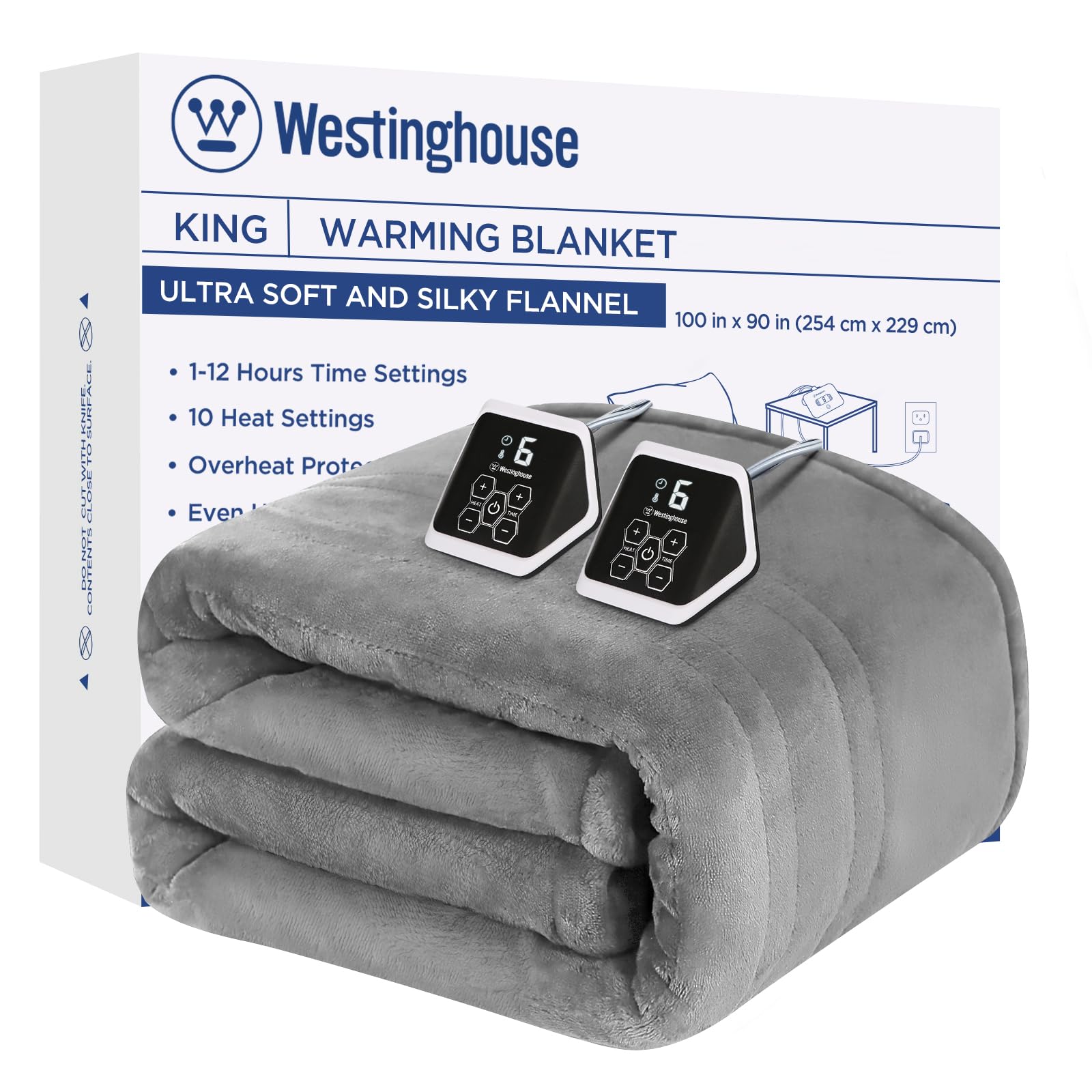 Westinghouse King Size Electric Heated Blanket - 10 Adjustable Heat Settings, 1-12 Hour Auto Shut Off, Fast Warming, Machine Washable (100x90 Inches, Light Grey) - Perfect for Cold Nights, Bedroom Comfort & Winter Relaxation