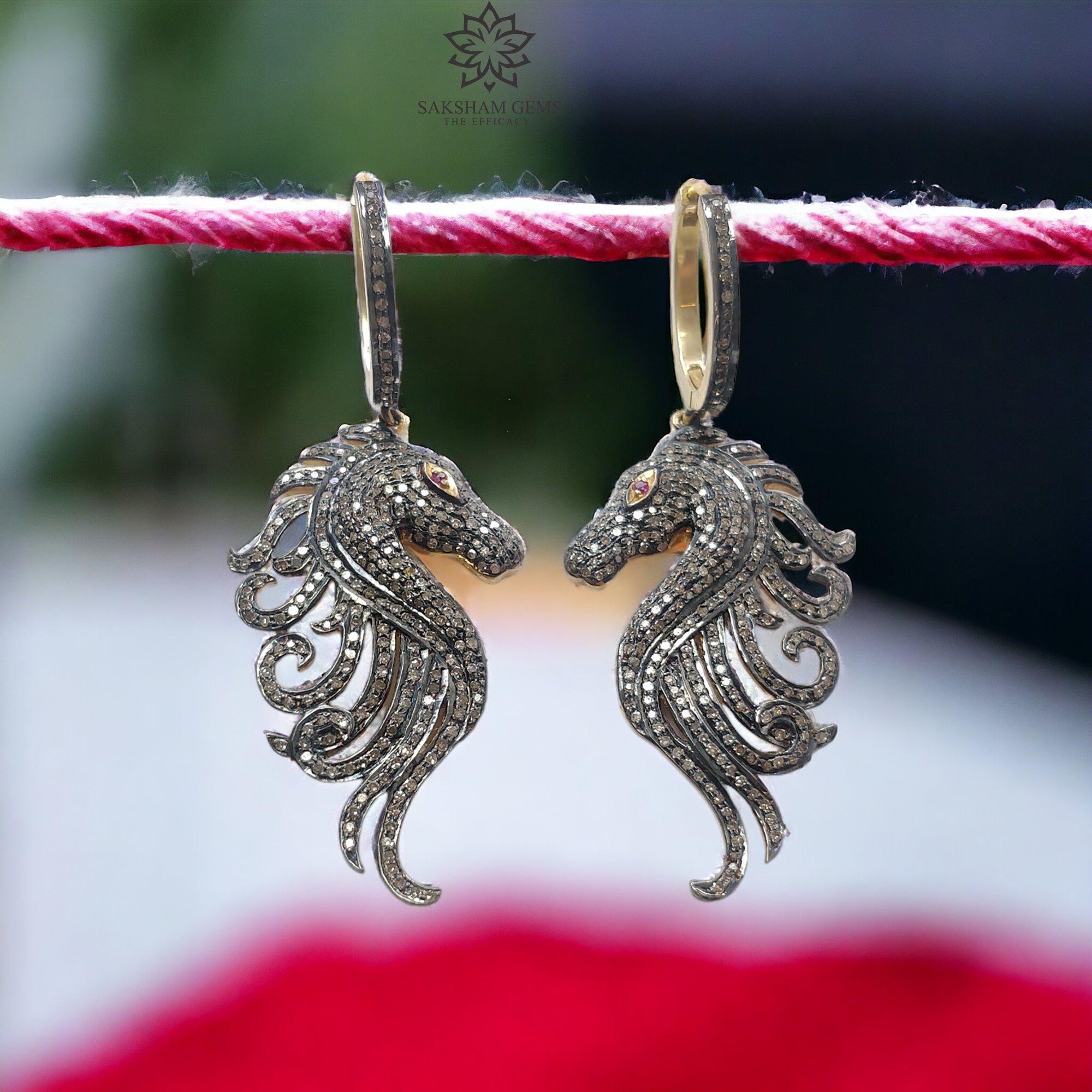 14K Gold & Sterling Silver Diamond Ruby Gemstone Hoop Earrings - 2.5 Inch Dangle Drop Horse Face Design with Pave Setting | Perfect for Weddings, Parties & Special Occasions