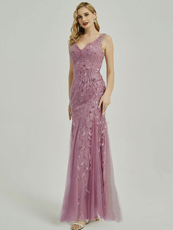 Burgundy V-Neck Sleeveless Sequin Mermaid Evening Gown for Wedding Bride - Perfect for Prom, Cocktail Party & Formal Occasions