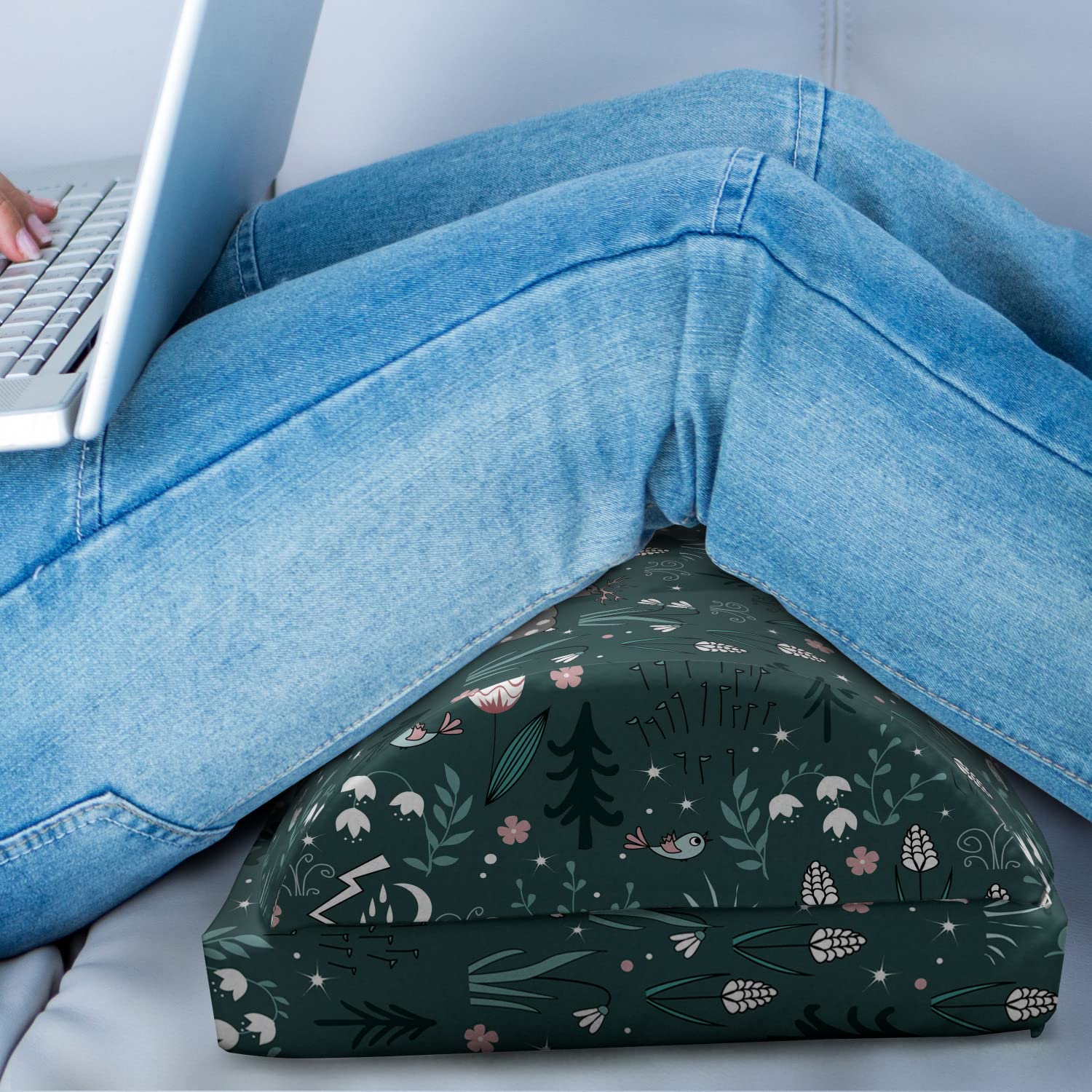 Ambesonne Adjustable Ergonomic Memory Foam Foot Rest with Non-Slip Backing - Botanical Winter Design Featuring Tulips, Reindeer, Birds & Pine Trees in Grey Teal & Multicolor - Perfect for Office, Home & Gaming Comfort
