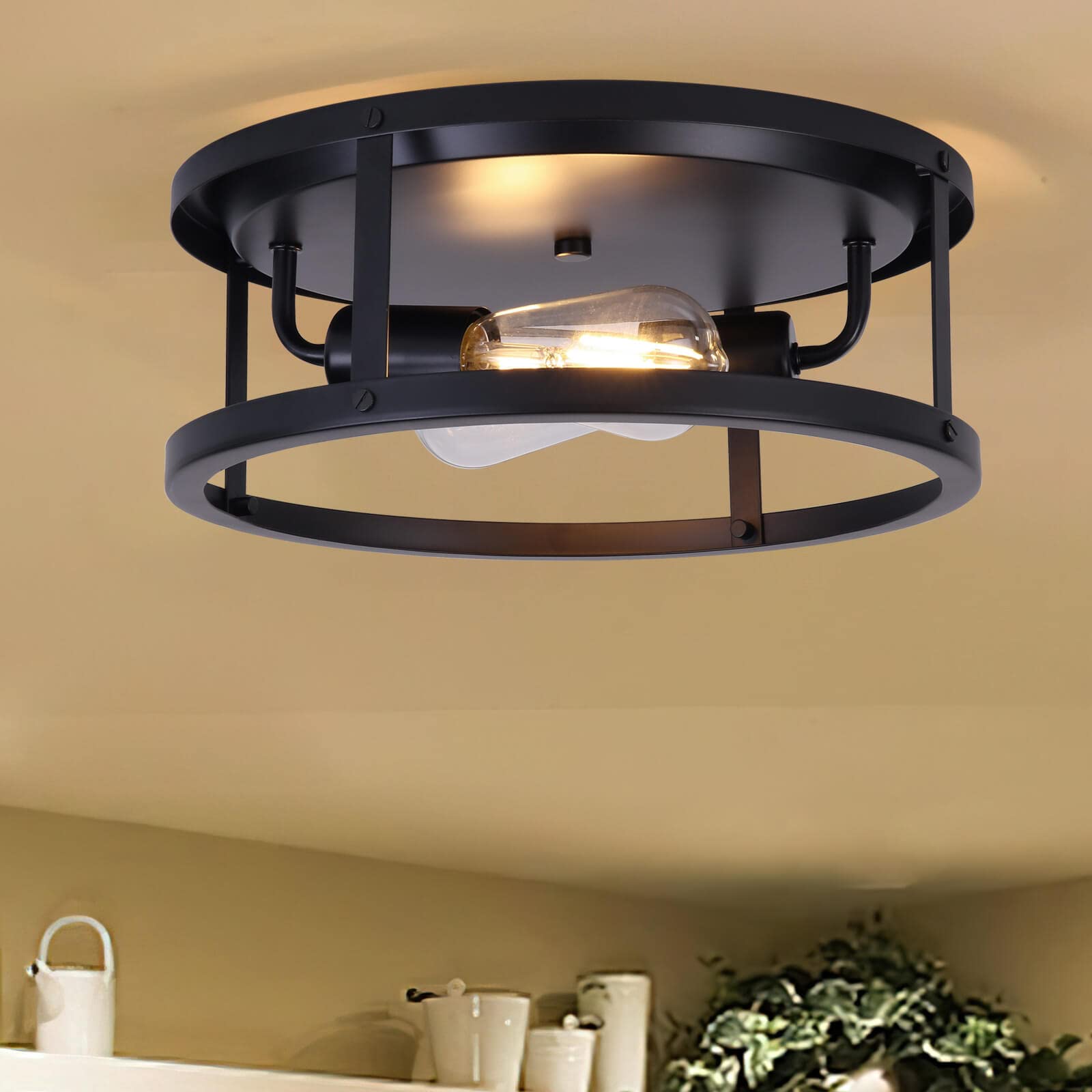 FEHEED Black Flush Mount Ceiling Light - 2-Light Farmhouse Industrial Ceiling Fixture for Hallway, Entryway, Living Room - Perfect for Modern Farmhouse Decor & Vintage Style Homes