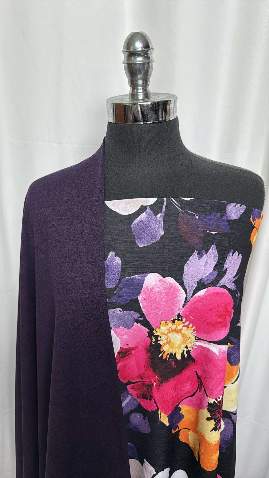 1+ Yard Purple Black Peached Polyester Fabric & 2 Yard Floral Print Polyester Satin Bundle - A27354 | Perfect for DIY Dresses, Home Decor & Craft Projects
