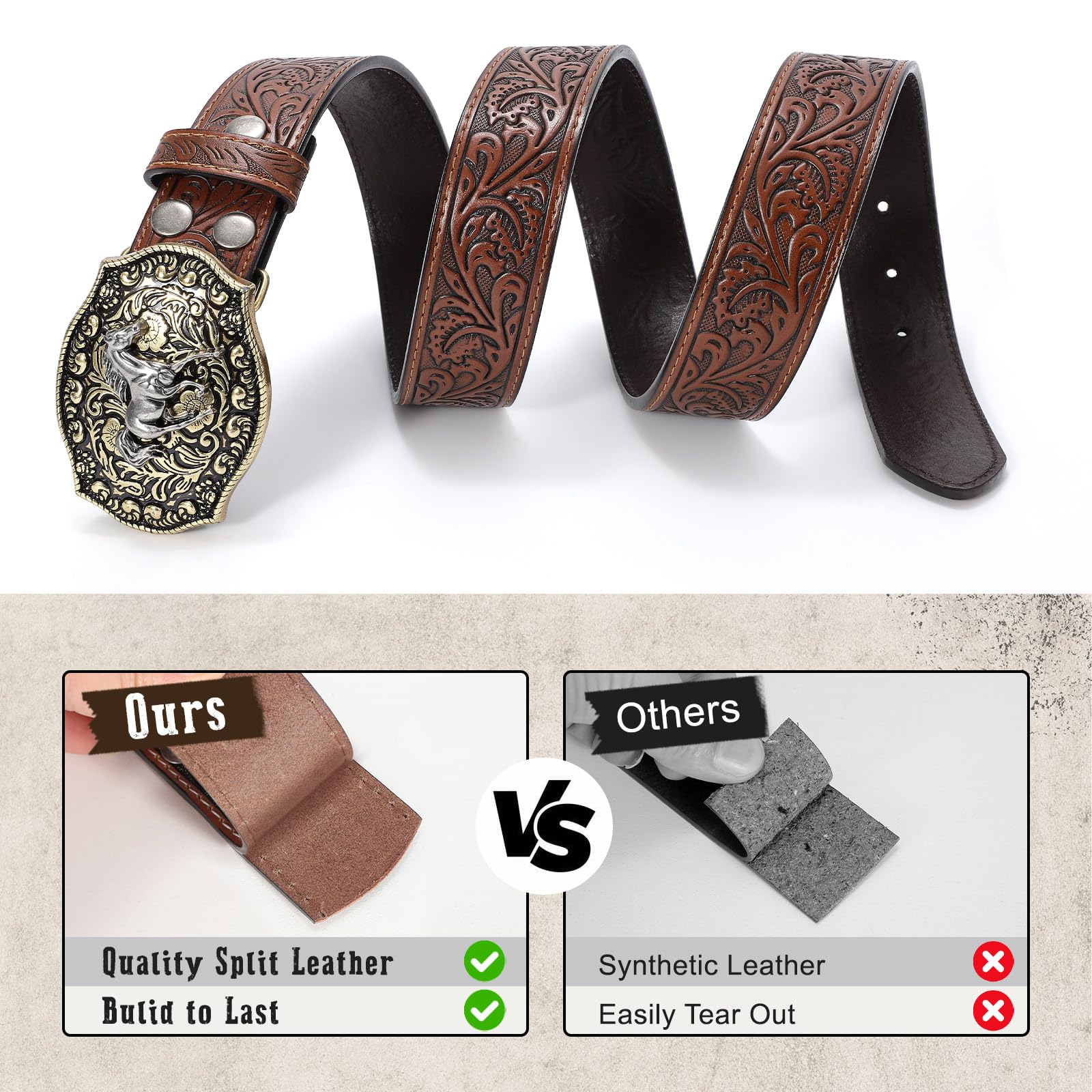 SANSTHS Genuine Leather Cowboy Belts for Men & Women - Western Style Buckle Belt with Embossed Design - Perfect for Jeans, Rodeo & Country Fashion - Great Christmas Gift Idea for Cowboy & Cowgirl Lovers