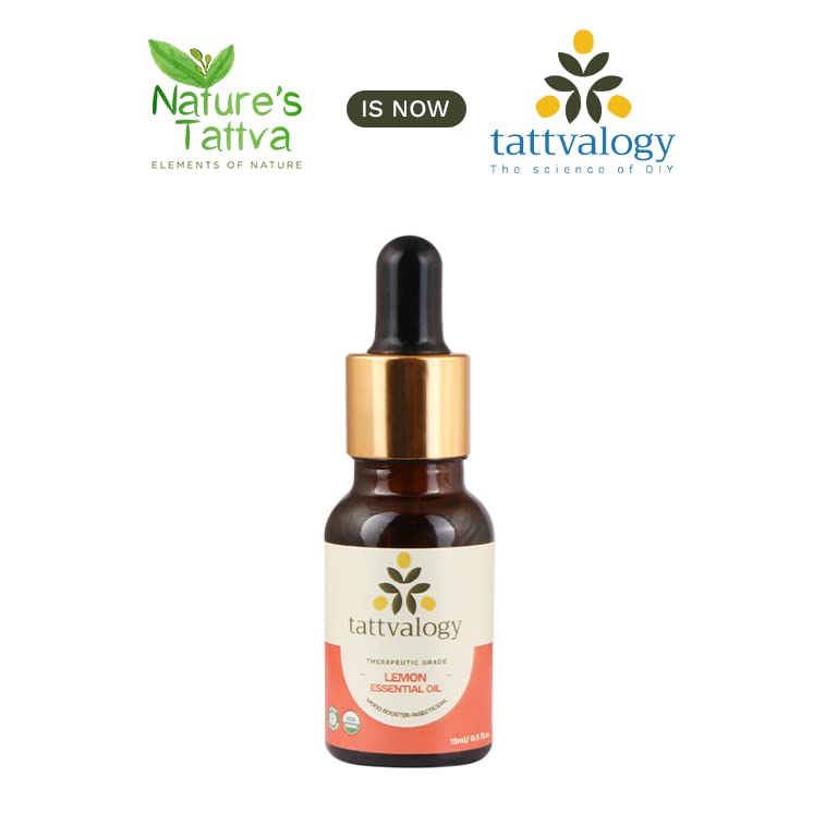 Tattvalogy 100% Pure Organic Lemon Essential Oil - Steam Distilled for Skin & Hair Care - Mood Booster & Natural Glow Enhancer - 15ml Bottle for Aromatherapy, Diffusers & DIY Beauty Products