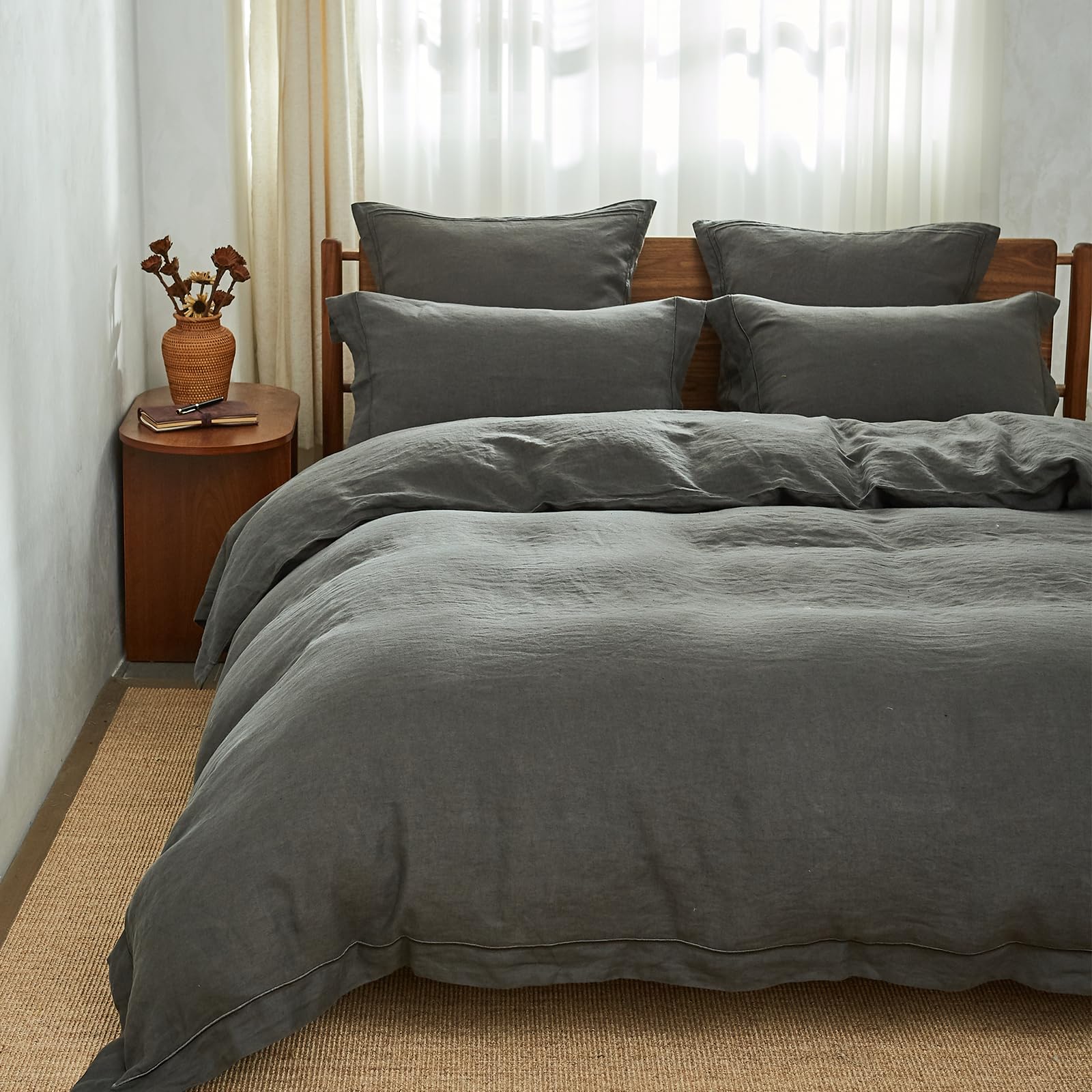 Simple & Opulence 100% Washed Linen Duvet Cover Set - Queen Size 88x92 Inches, 3-Piece Farmhouse Bedding with Embroidered Design & Button Closure (1 Duvet Cover + 2 Pillow Shams) in Charcoal Grey - Perfect for Cozy Bedrooms & Guest Room Decor