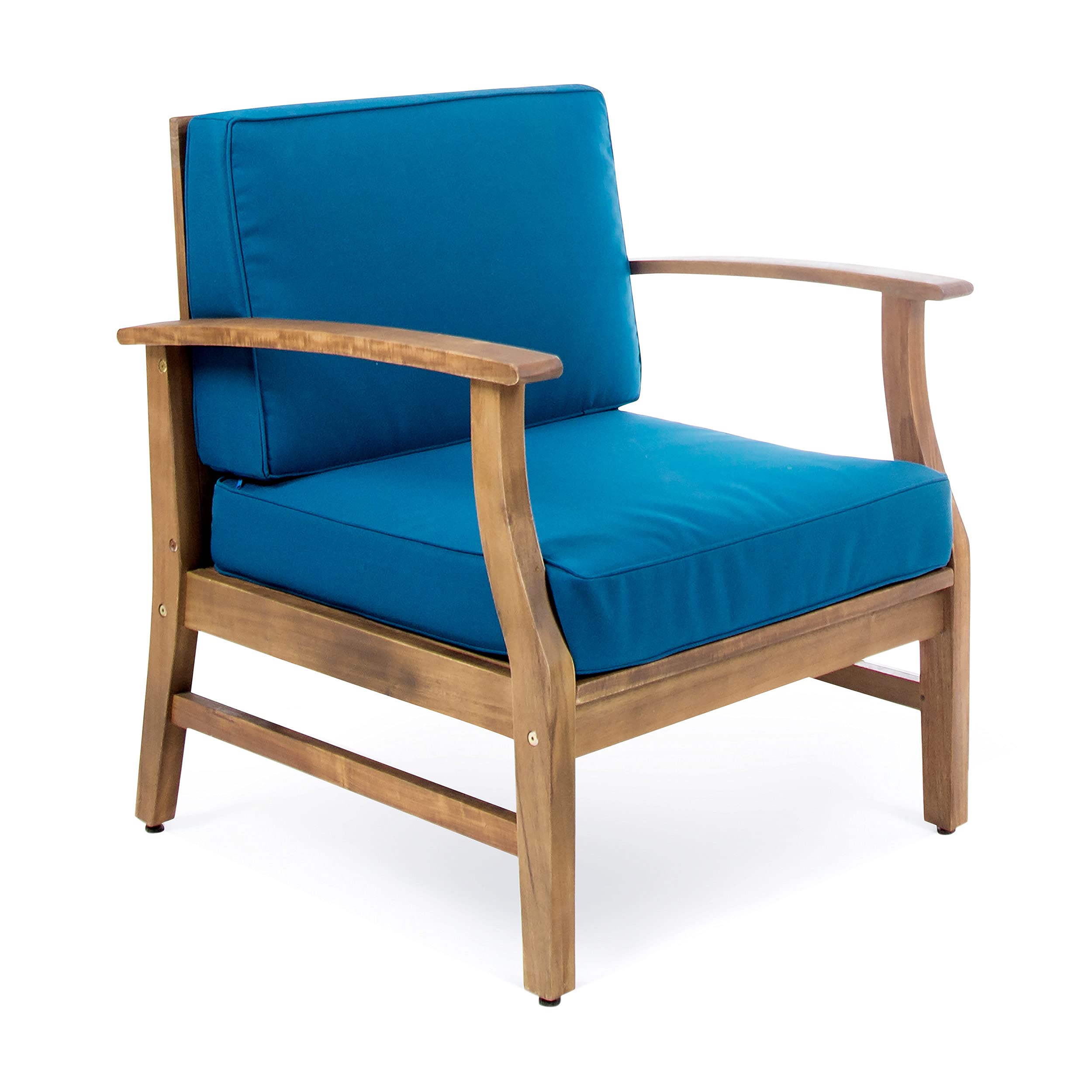 Christopher Knight Home Perla Outdoor Acacia Wood Club Chairs Set of 2 with Water Resistant Cushions - Teak Finish & Blue Fabric - Patio, Garden, Poolside Lounge Furniture for Backyard & Outdoor Relaxation