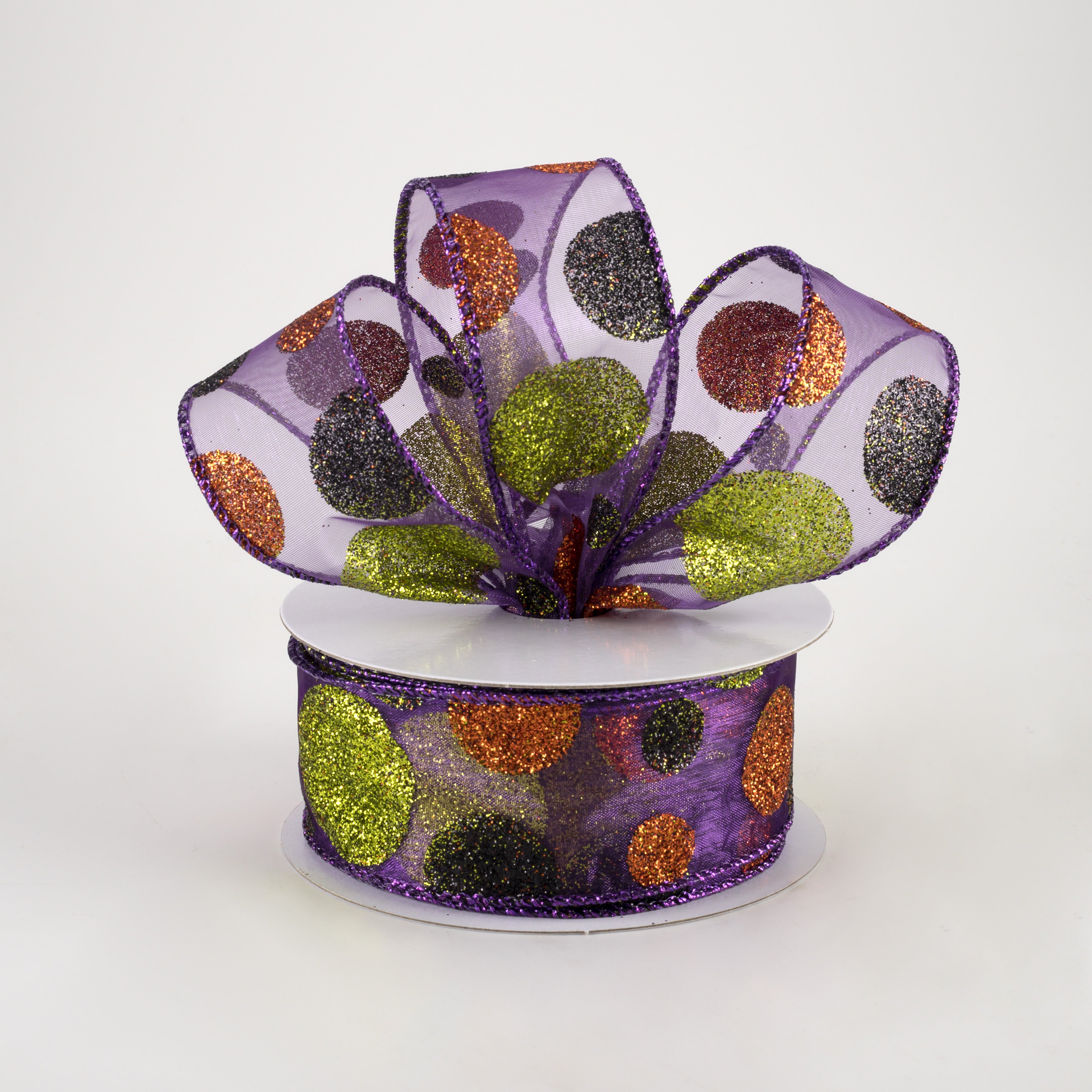 1.5 Inch Glittered Purple Sheer Ribbon with Halloween Dots - 10 Yards Bulk Roll for Gift Wrapping, Party Decorations, DIY Crafts, and Halloween Costume Accessories