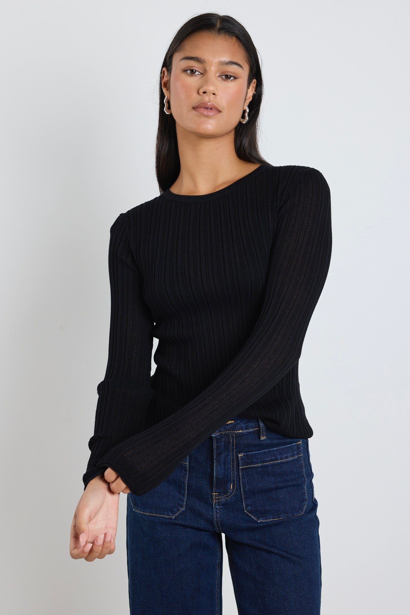 Fragment Black Sheer Long Sleeve Knit Top for Women - Elegant Lace Detail Casual Wear for Date Night & Evening Outfits