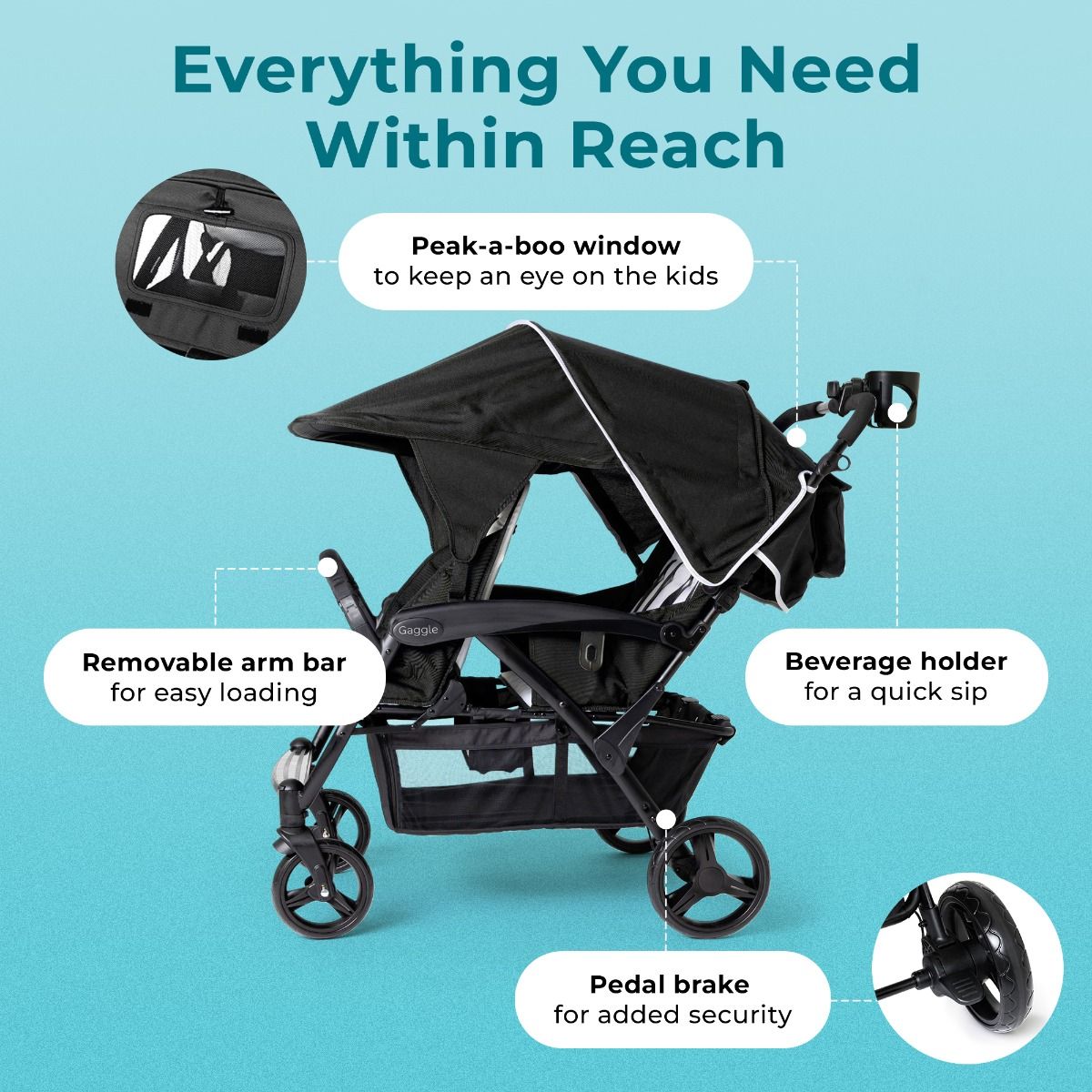 Gaggle Odyssey 4-Seat Quad Stroller - Lightweight & Durable Multi-Kids Stroller for Twins, Triplets or Siblings - Perfect for Shopping, Travel, Theme Parks & Outdoor Adventures
