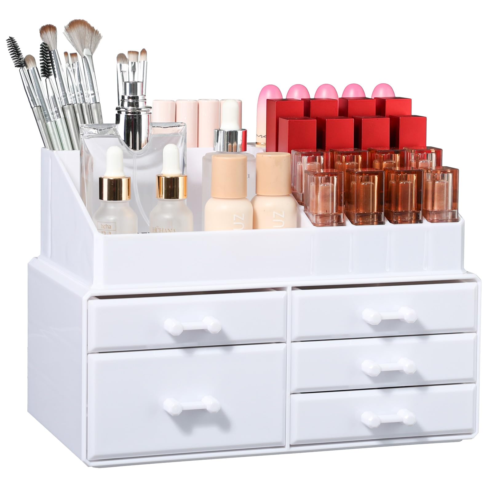 White 5-Drawer Acrylic Stackable Makeup Organizer - Plastic Vanity & Desk Storage for Cosmetics, Jewelry, Office Supplies - Perfect for Home, Bathroom & Office Organization