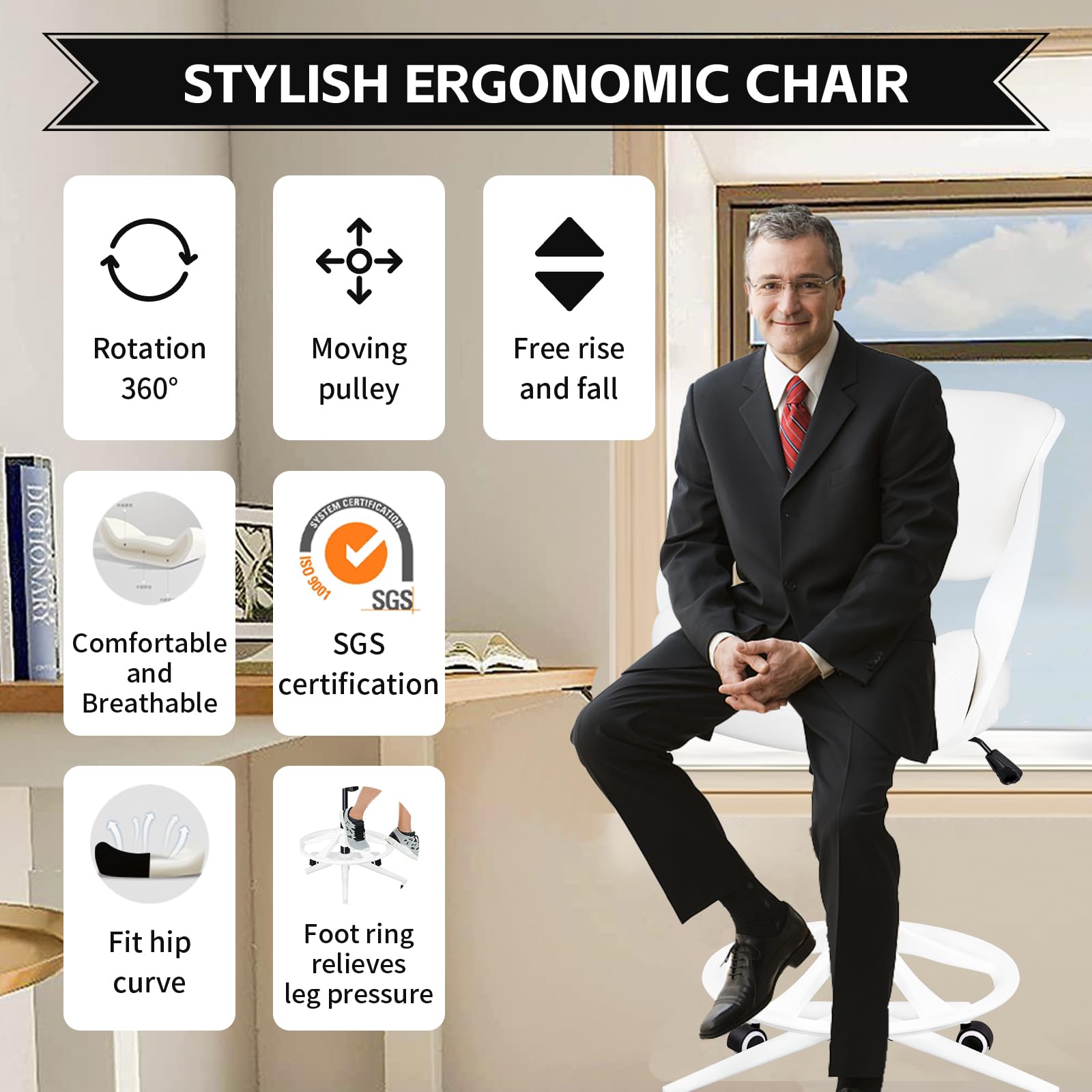 Ergonomic Drafting Chair with Lumbar Support & Foot Ring - Adjustable Swivel Task Chair for Standing Desk - White - Perfect for Office, Home Office & Studio Workspaces