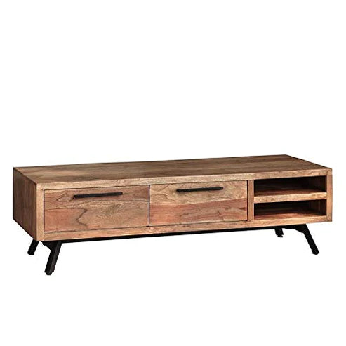 Gfine Solid Acacia Wood TV Stand with 2 Drawers - 160x40x60Cm Modern Entertainment Center for Living Room & Home Theater