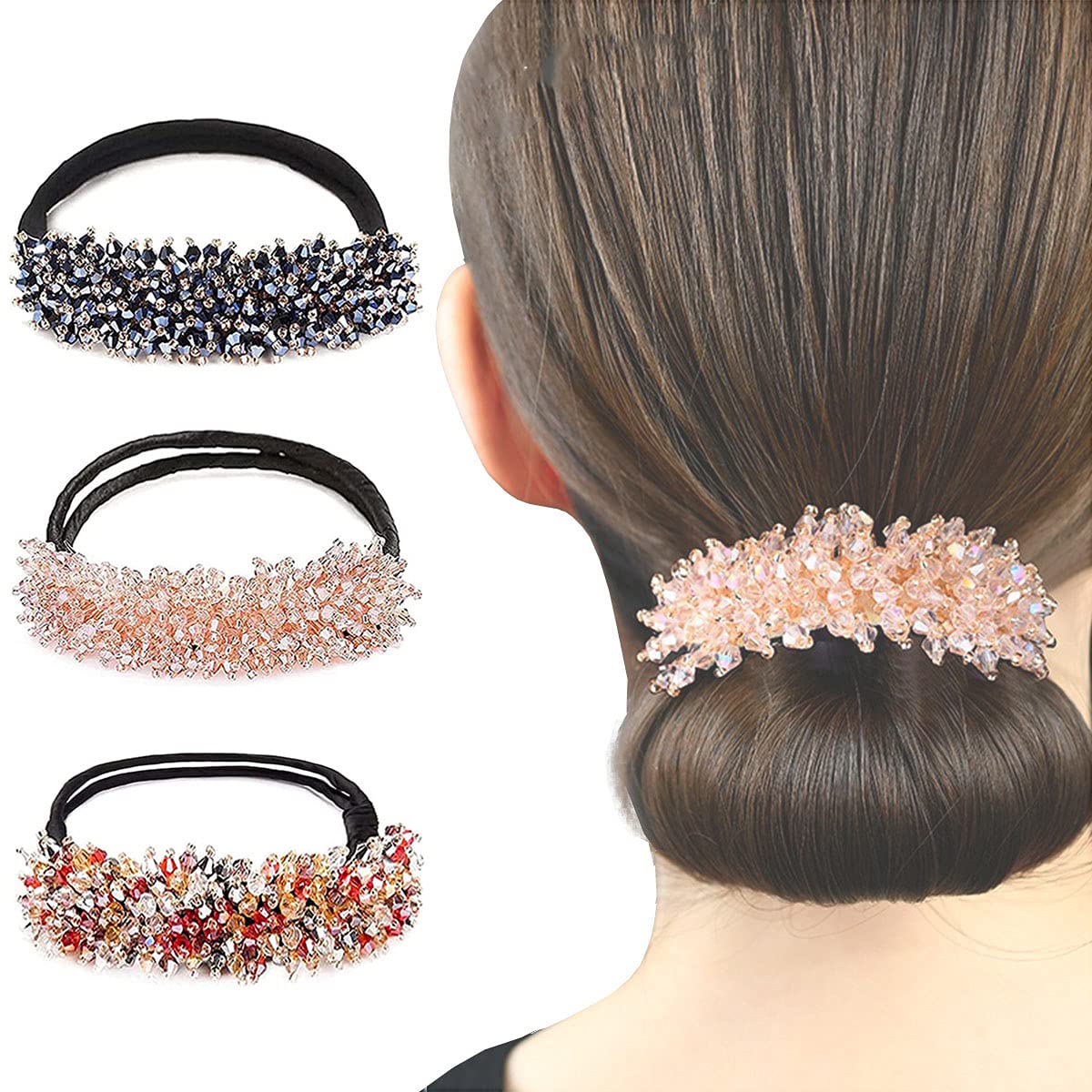 36 Pcs Rhinestone Bun Maker Set - Donut Hair Styling Tool for Women & Girls | DIY Easy Hairstyle Accessories with Sparkling Hair Bands (3 Pack) - Perfect for Parties, Weddings & Everyday Elegant Looks