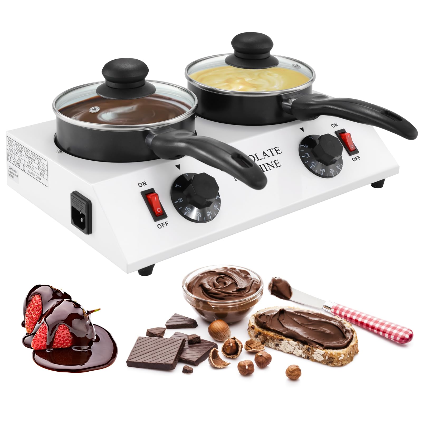 WICHEMI Electric Chocolate Melting Pot - Double Pots Chocolate Warmer & Tempering Machine for Home & Commercial Use - Perfect for Melting Chocolate, Butter, Cheese, Cream, Candy & Milk - Ideal for Baking, Candy Making, Fondue & Dessert Preparation