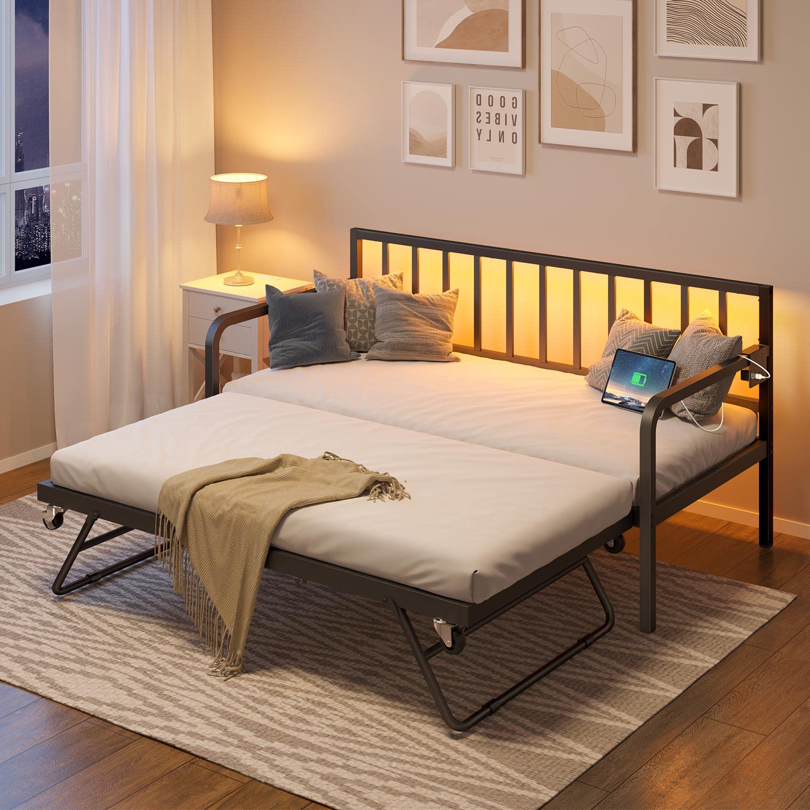 Rolanstar Adjustable Height Twin Daybed with Trundle - Metal Sofa Bed Frame with Built-in USB Charging Station & LED Lights, Steel Slat Support - Perfect for Small Spaces, Living Room, Bedroom & Guest Room - Black
