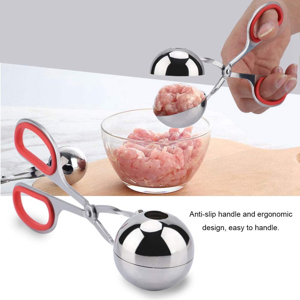 Non-Stick Stainless Steel Meatball Scoop & Ice Tongs - Rice Ball Maker, Cookie Scoop with Anti-Slip Rubber Handle (Red) - Perfect for Cooking, Baking, and Serving Meatballs, Ice Cubes, Cookies