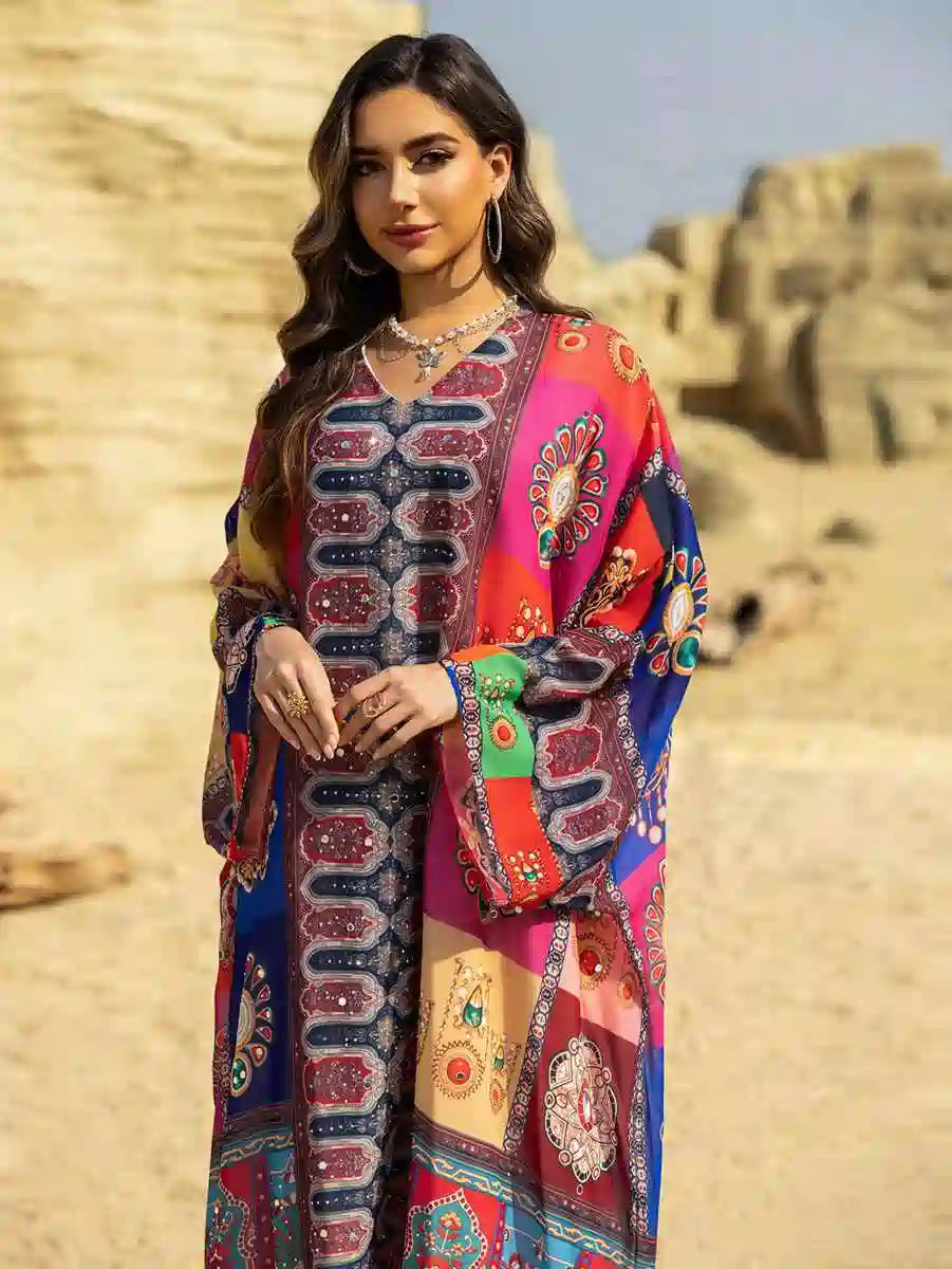 Hotfix Rhinestone Chiffon Printed Caftan Kaftan Dress - Elegant Party Wear for Eid, Wedding, Bridal Shower & Special Occasions | Style #25466