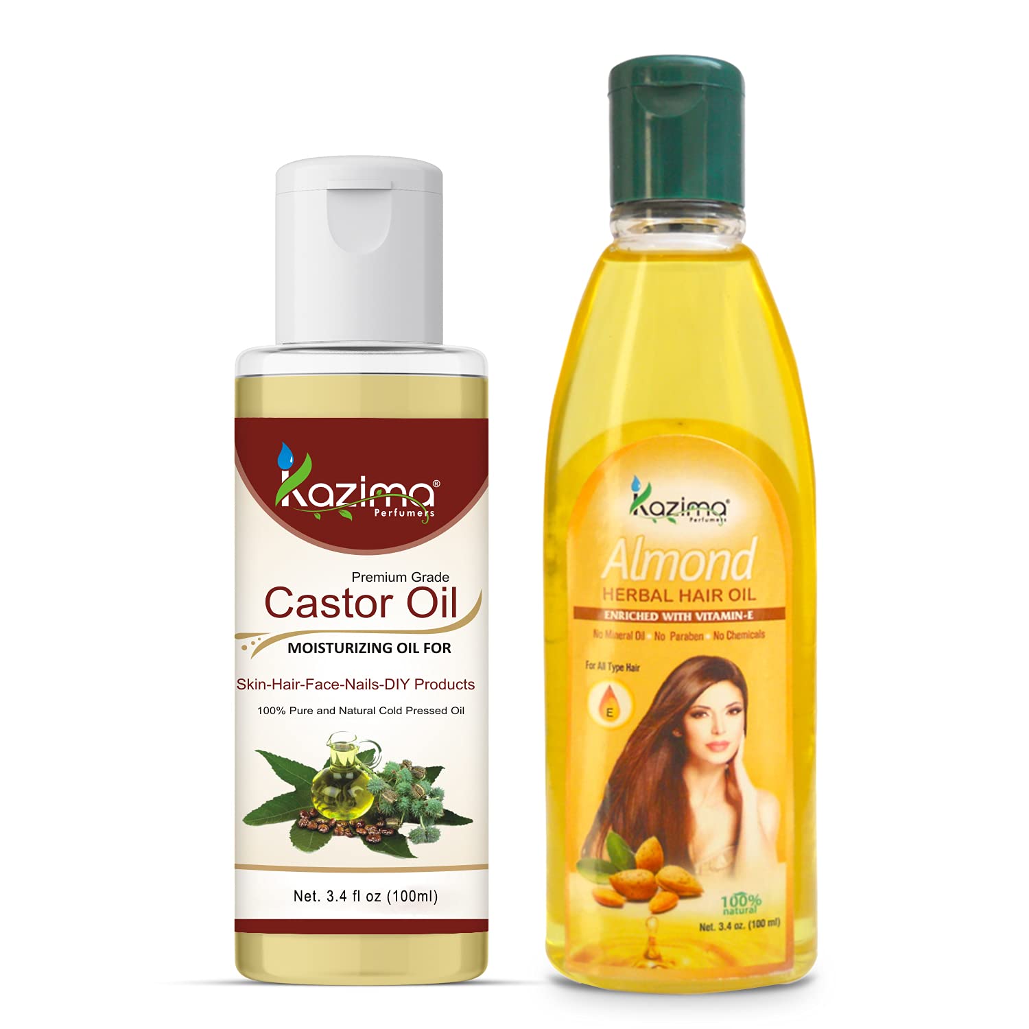 KAZIMA Castor Oil & Almond Herbal Hair Oil Combo (2 x 100ml) - Anti Hair Fall, Scalp Care & Hair Growth Treatment - Perfect for Daily Hair Care & Natural Hair Regimen