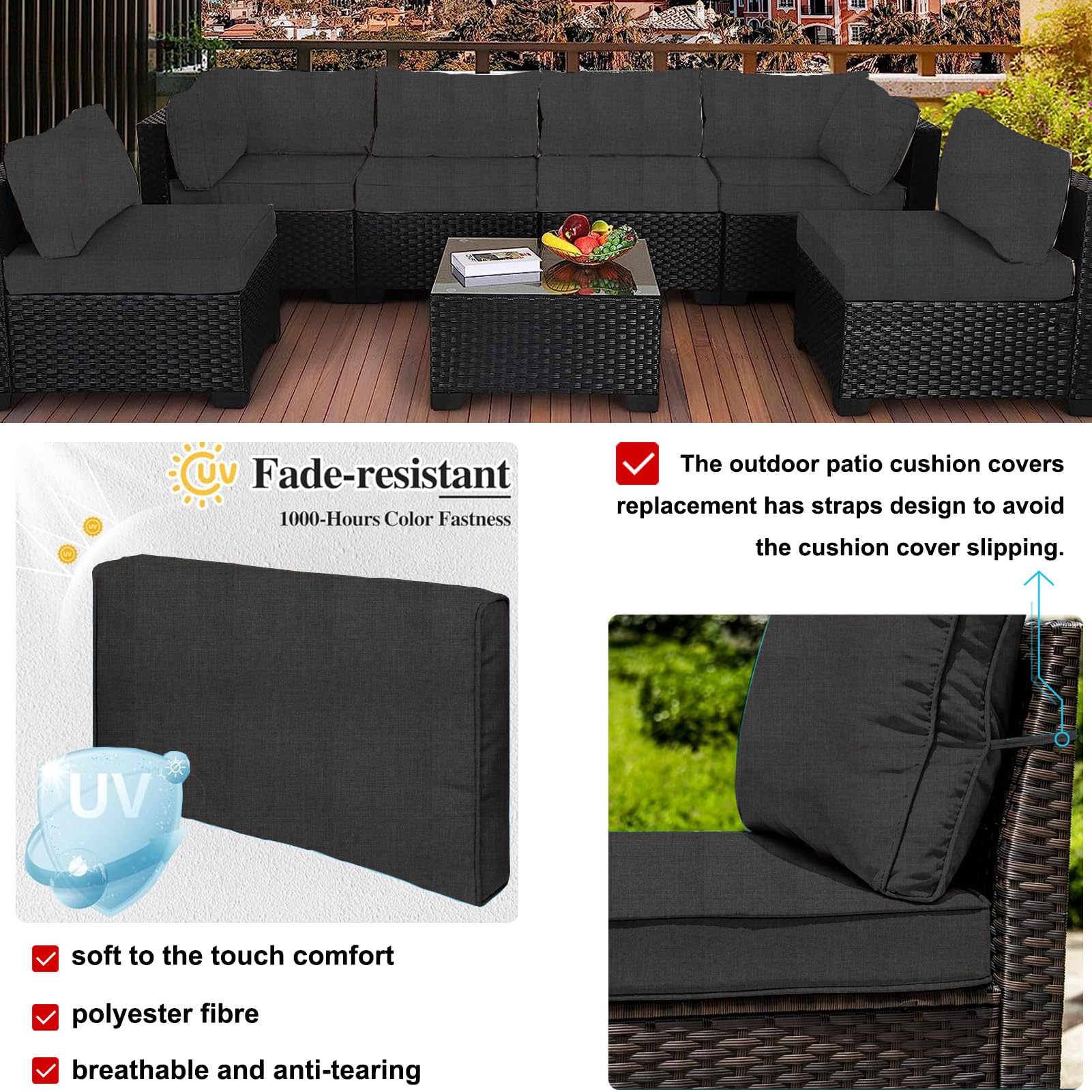 Waterproof Outdoor Patio Cushion Covers with Zipper - Replacement Slipcovers for Wicker Rattan Sectional Couch & Chair Furniture Set (12-Piece, Gray) - Perfect for Backyard, Garden, Poolside & Patio Furniture Protection