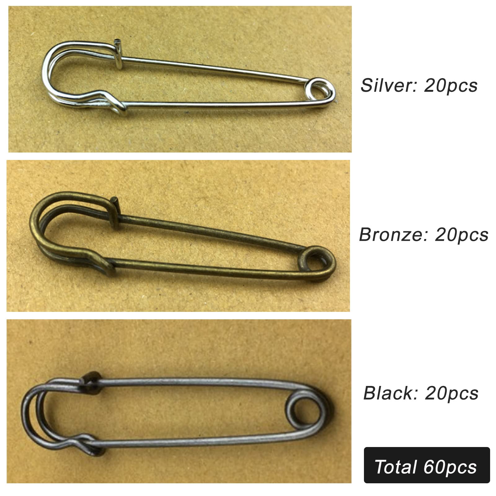 IRIIRO 60pcs 3-Inch Heavy Duty Safety Pins - Large Steel Spring Lock Pins for Blankets, Crafts, Skirts, Curtains & Laundry (Black/Bronze/Silver, 20pcs Each) - Perfect for DIY Projects, Home Decor & Industrial Use