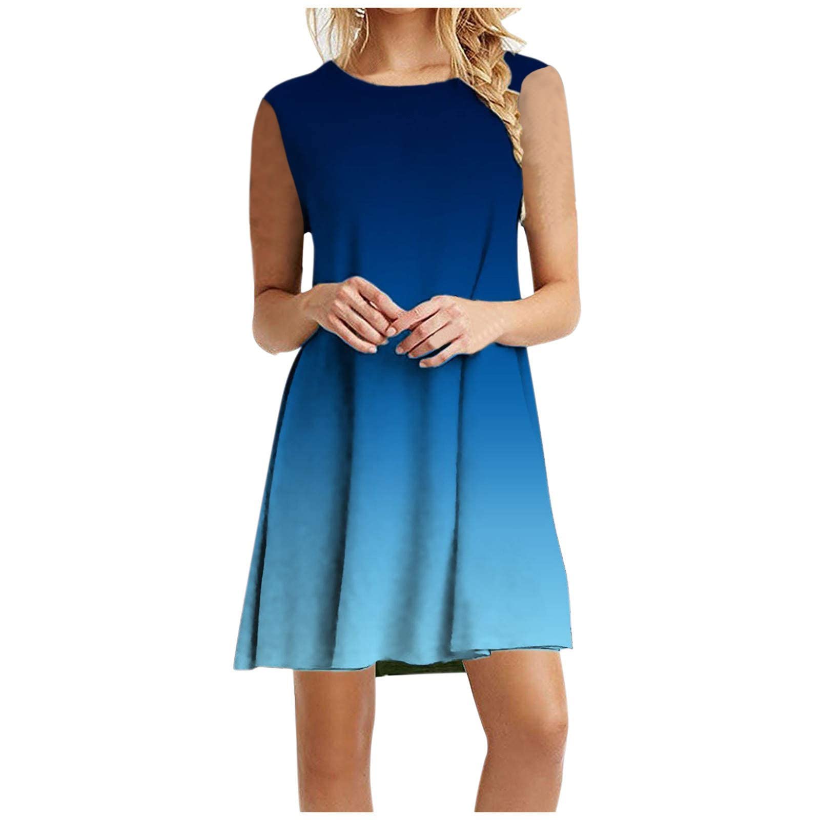 Women's Casual Sleeveless Gradient Print Tank Dress - Summer Round Neck Loose Mini T-Shirt Dress for Beach, Vacation & Everyday Wear