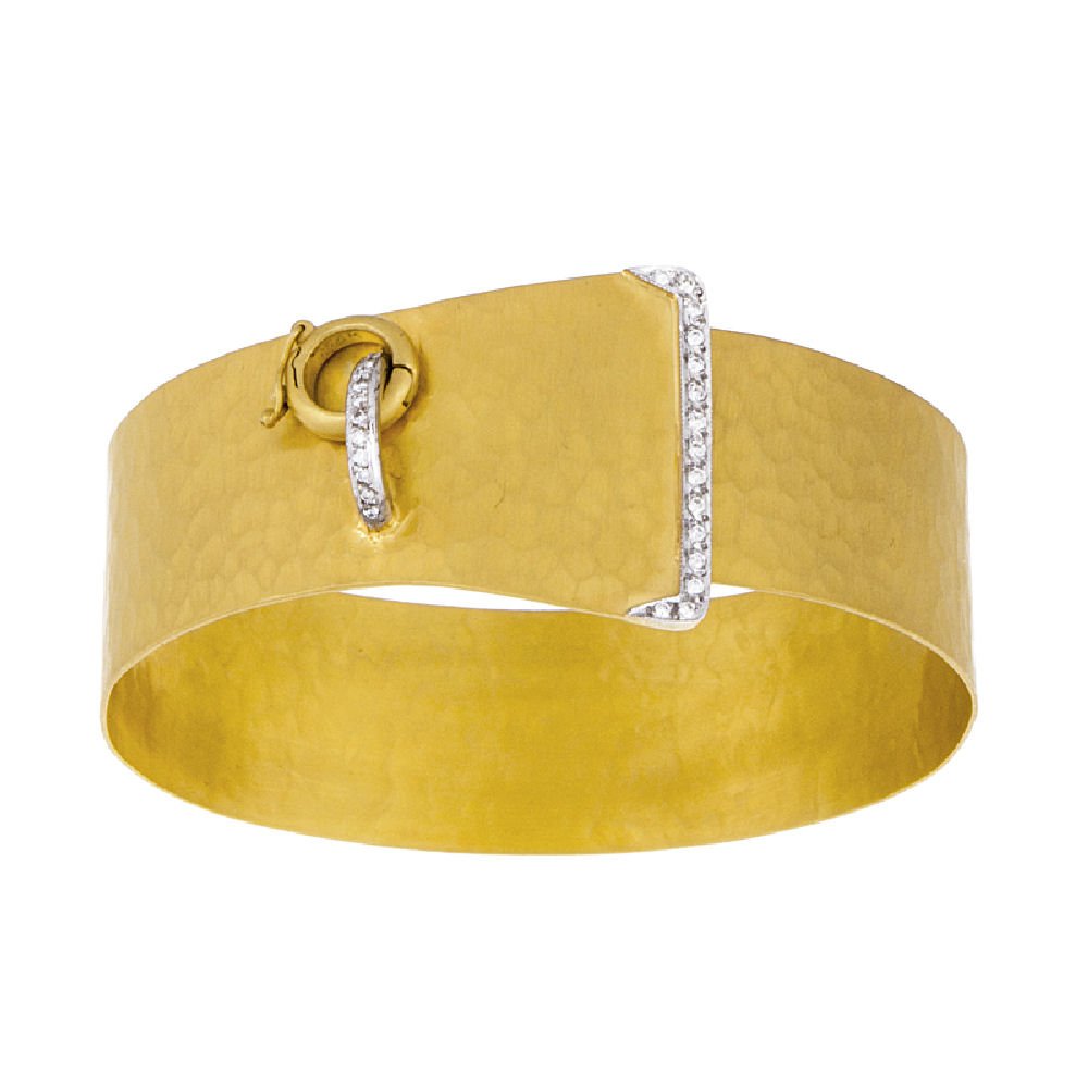 0.22 Carat Diamond 18K Yellow Gold Hammered Finish Belt Buckle Bangle Bracelet - Elegant Jewelry for Women, Perfect for Weddings, Parties & Special Occasions
