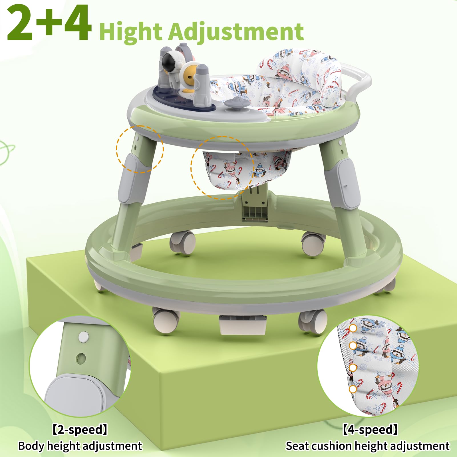 **Best Baby Walker with Wheels & Music - Adjustable Height Anti-Fall Infant Walker for Boys & Girls 6-24 Months - Safe Foot Pads & Activity Center (Green) - Perfect for Learning to Walk & Indoor Play**