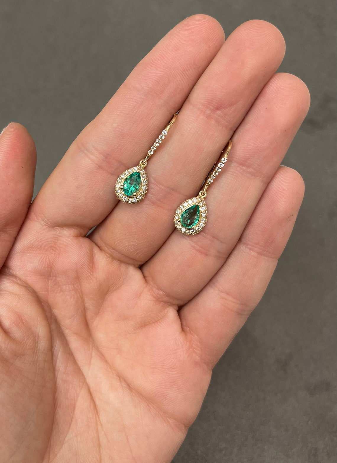2.50tcw Colombian Emerald & Pave Diamond Teardrop Lever Back Dangle Earrings in 14K Gold - Elegant Jewelry for Weddings, Parties & Special Occasions