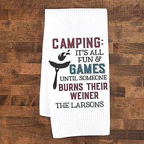 Funny Camper Waffle Weave Dish Towel - Personalized Kitchen Towel Set - RV Travel Trailer Gift - Camping Accessories - Custom Camper Decor for RV, Cabin & Home Kitchen Use
