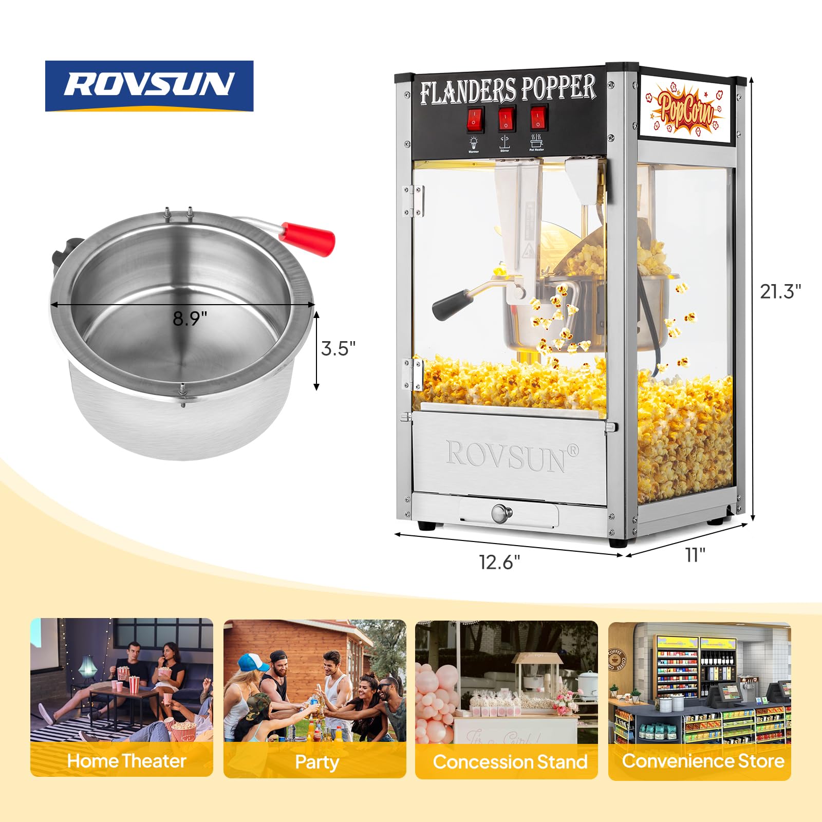 ROVSUN 8oz Commercial Popcorn Machine - Movie Theater Style Countertop Popcorn Maker with Stainless Steel Scoop, Oil Spoon & 3 Popcorn Cups - Makes 32 Cups - Perfect for Home Theater, Parties & Snack Bars (Black)