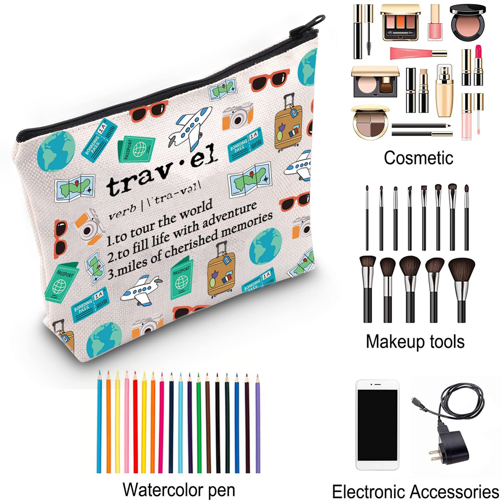 ZJXHPO Travel Definition Cosmetic Bag - Waterproof Makeup Organizer for Women | Perfect Travel Agent Appreciation Gift & Travel Lover Present | Durable Zipper Pouch for Travel Essentials | Ideal for Airplane Carry-on, Vacation Trips & Business Travel Accessories