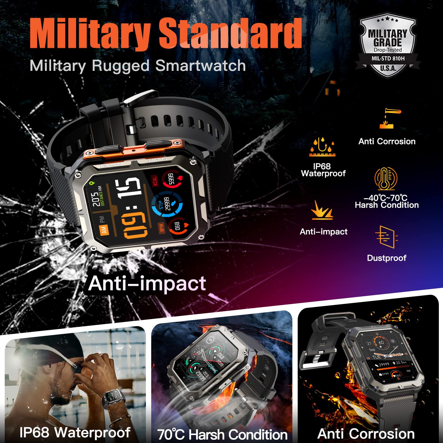 Military Rugged Smartwatch for Men - IP68 Waterproof Fitness Tracker with Call Function, 1.83