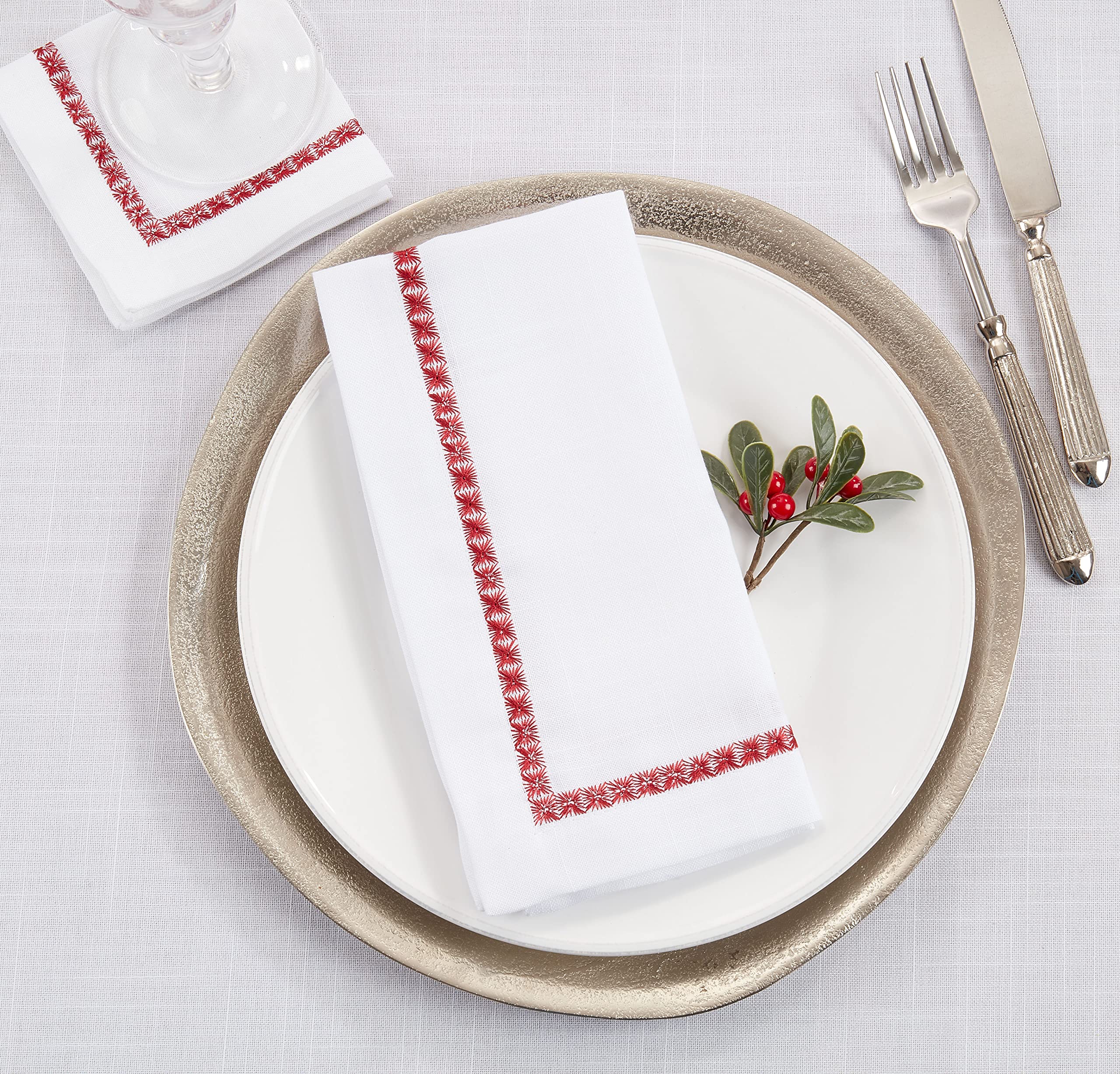 Premium Embroidered Border Cocktail Napkins Set of 4 - Elegant Linen Drink Coasters for Parties, Weddings & Home Decor