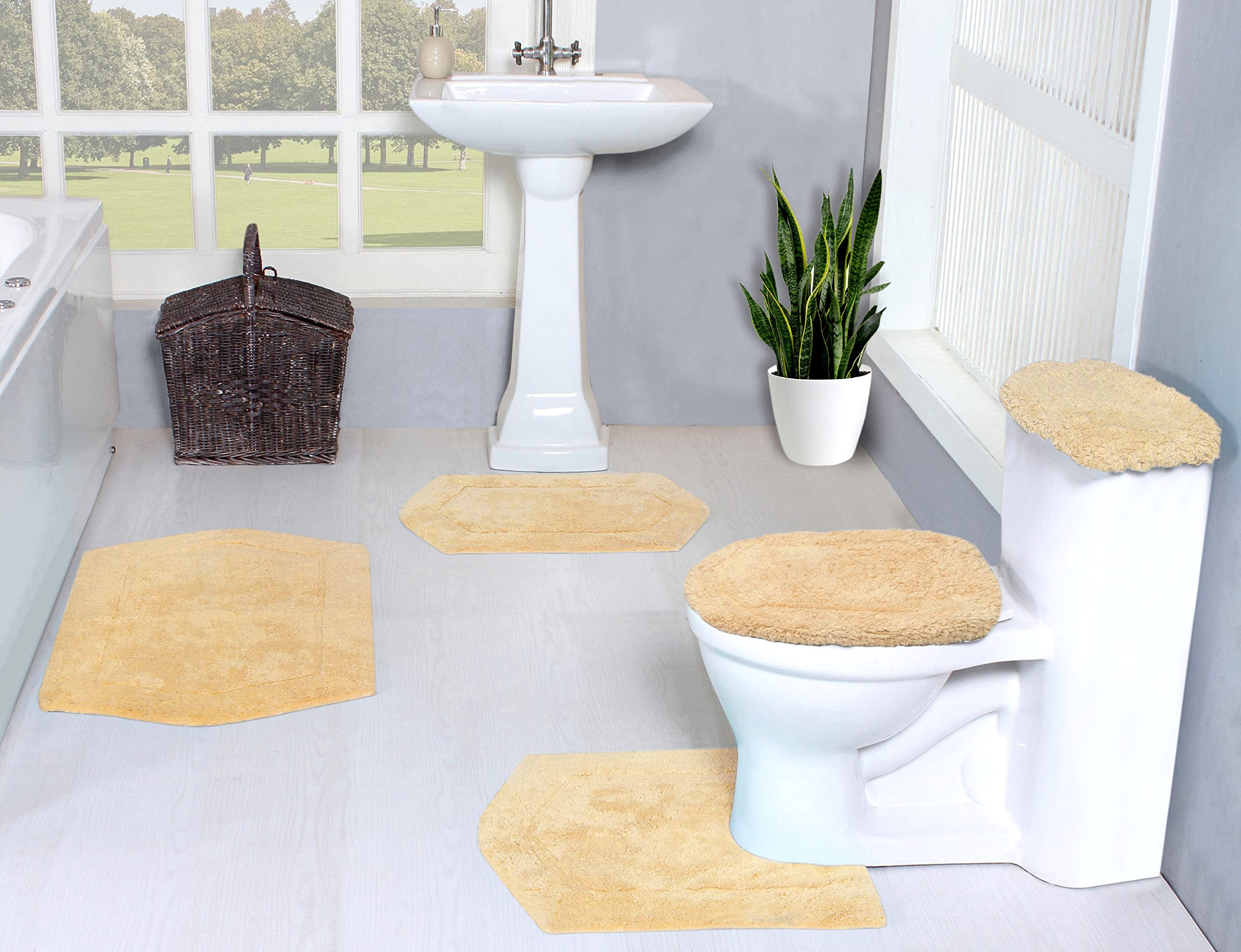 Home Weavers Waterford Collection Absorbent Cotton Soft Bath Rug Set - Machine Washable 5-Piece Bathroom Mat - Yellow for Bathroom, Shower & Vanity Area