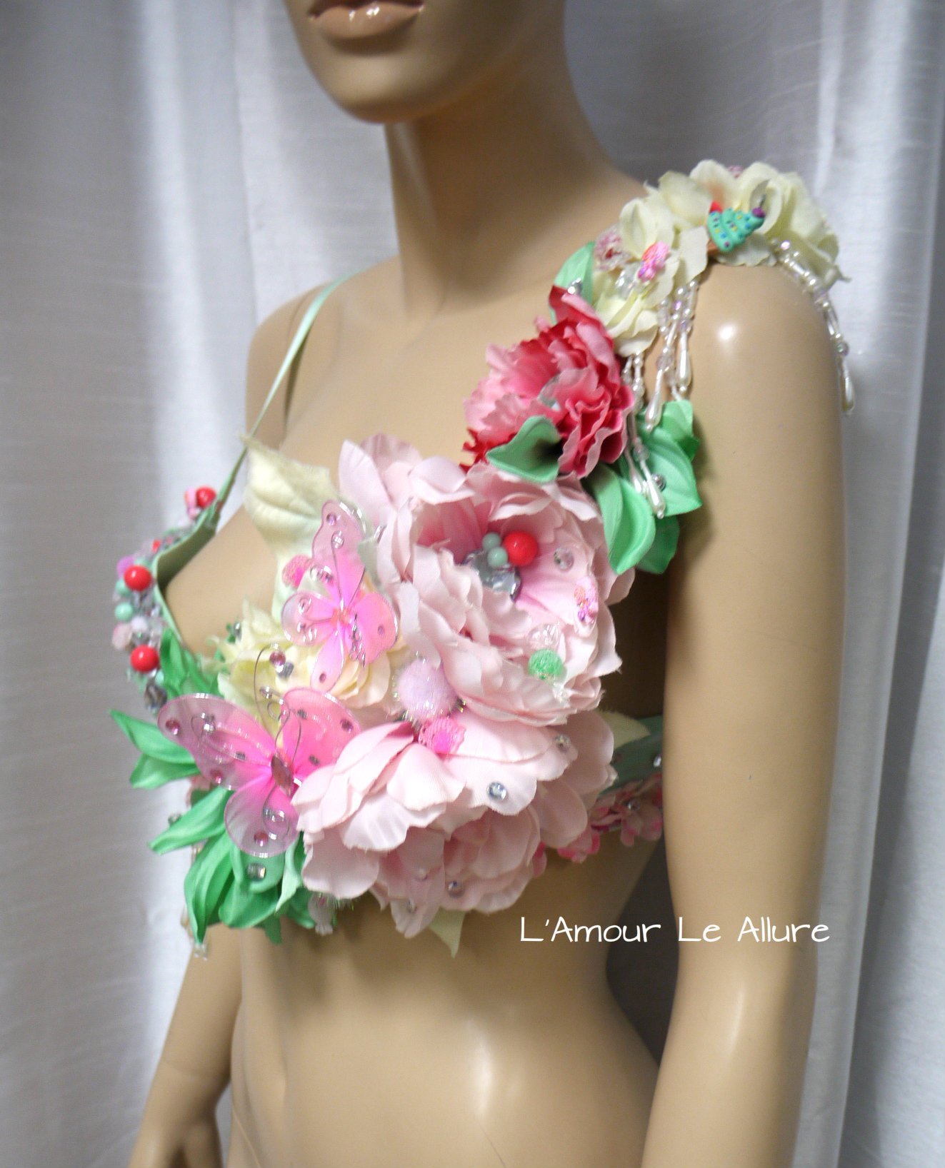 Pink Mint Candy Flower Fairy Fringe Rave Bra - Sexy Halloween Dance Costume for Women, Festival Outfit, Rave Wear, Bachelorette Party, Cosplay & Burlesque Performance