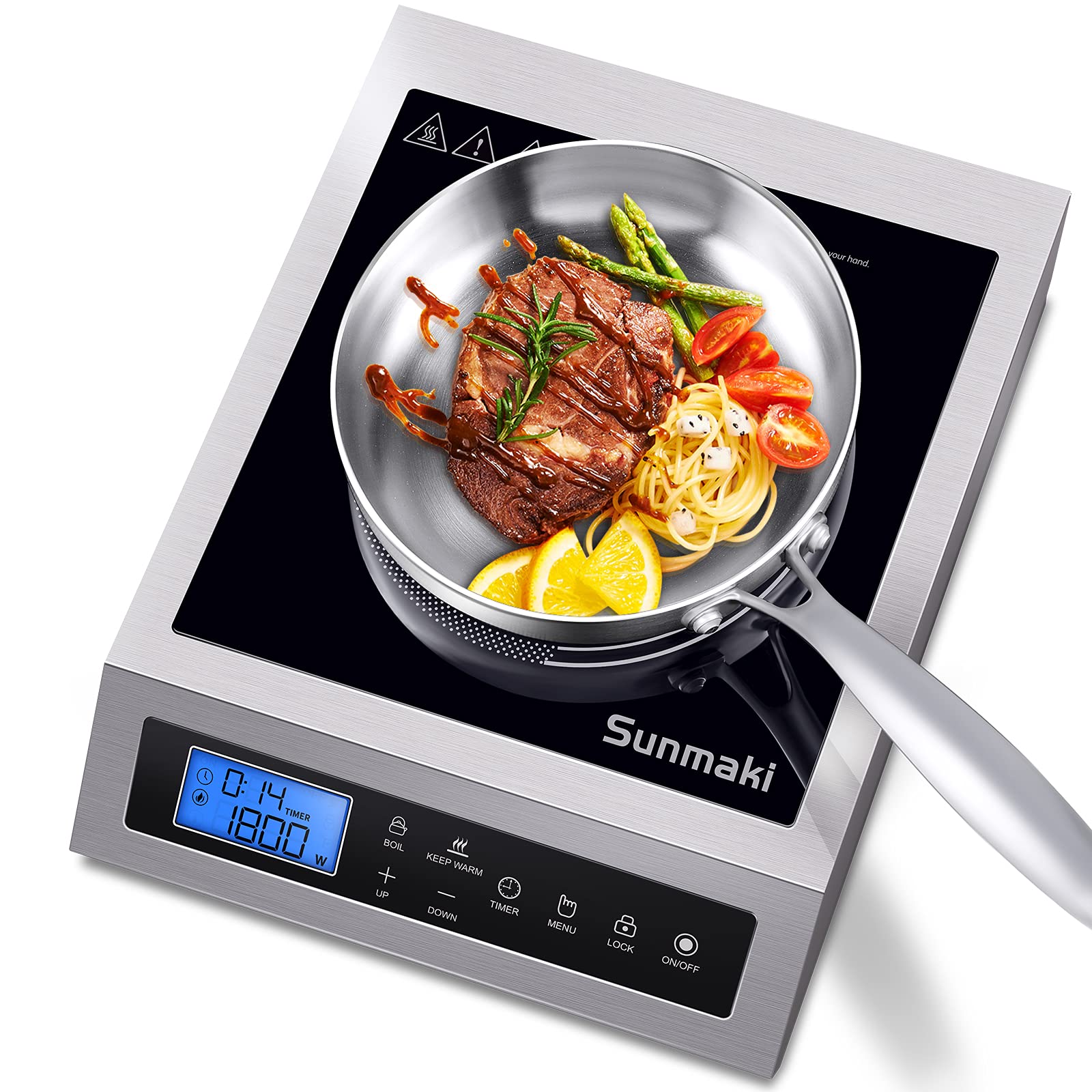 Sunmaki Professional Induction Cooktop with LCD Touch Screen - 1800W Portable Induction Burner with Stainless Steel Surface for Home, School & Restaurant Use - Perfect for Boiling, Frying & Simmering