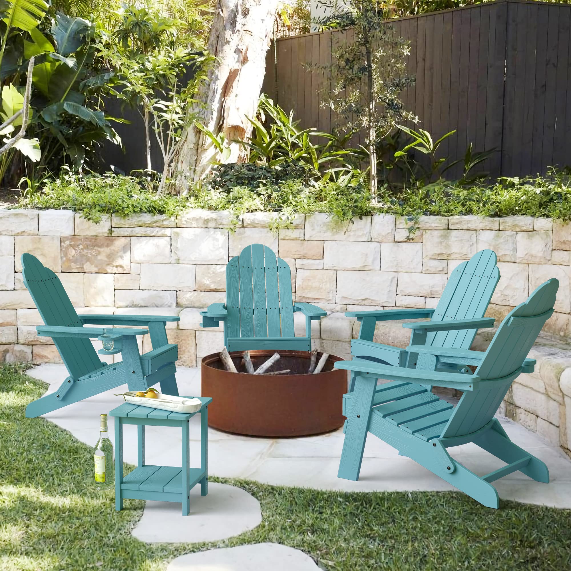 LUE BONA Folding Adirondack Chair Set of 4 - Weather Resistant Blue Turquoise HDPS Plastic Outdoor Chairs with Cup Holder for Patio, Garden, Poolside & Backyard Relaxation