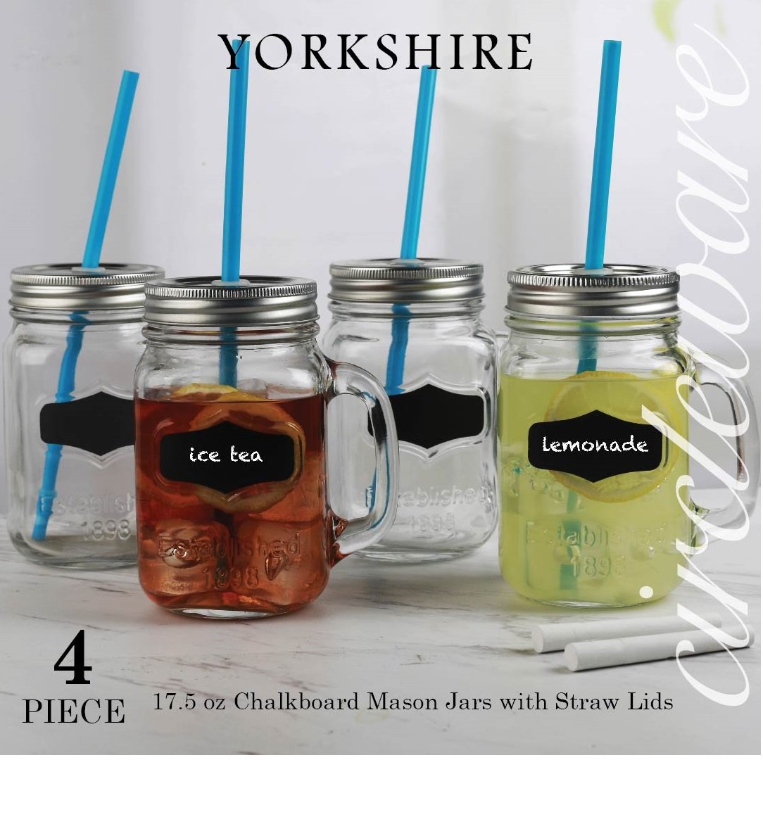 Circleware Yorkshire Mason Jar Drinking Mugs with Glass Handles - 17.5oz Set of 4, Includes Chalkboard Labels, Metal Lids & Plastic Straws - Perfect for Iced Coffee, Smoothies, and Summer Parties (Clear Glass)