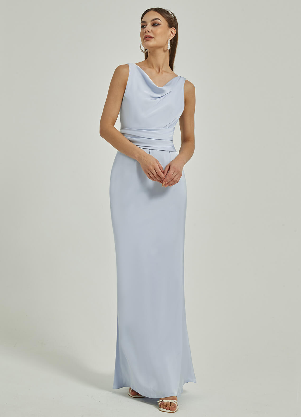 Elegant Cornflower Blue Silk Satin Cowl Neck Sheath Backless Maxi Bridesmaid Dress - Perfect for Weddings, Formal Events & Evening Parties