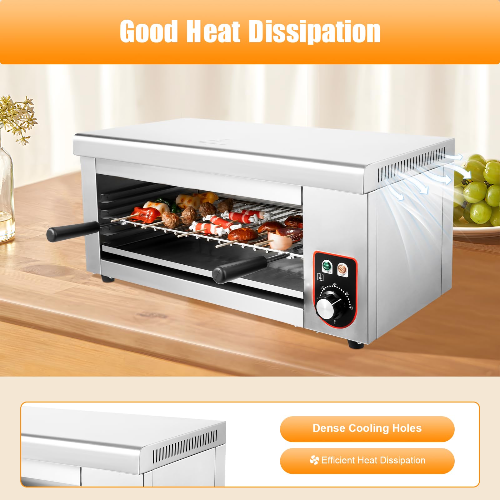 1500W Commercial Electric Cheese Melter & Salamander Broiler - Stainless Steel Steak Warmer with Adjustable Temperature (120-570°F) - Perfect for Restaurants, Pubs & Home Kitchens - Melts Cheese, Cooks Steaks & Roasts Chicken/Veggies - 110V US Plug
