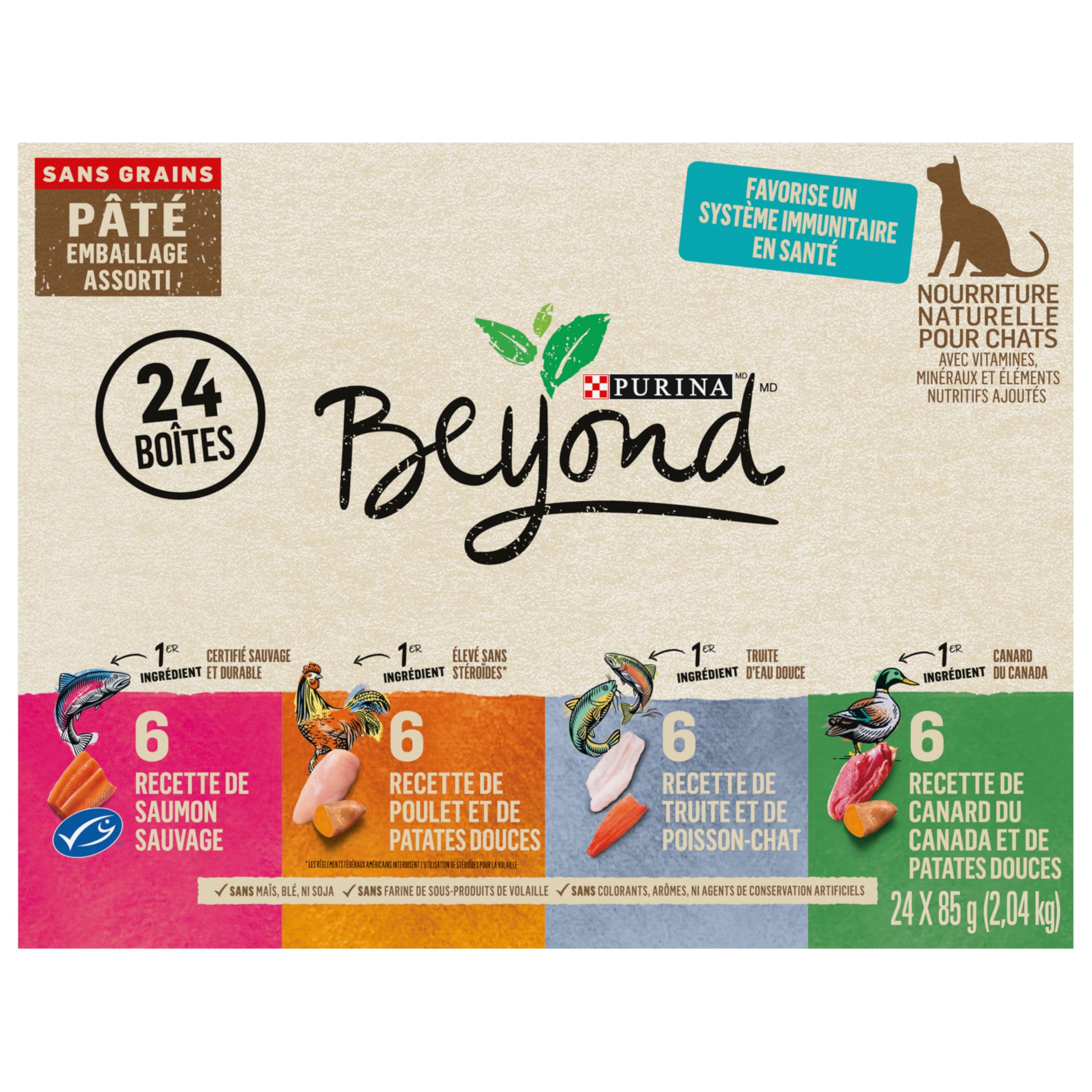 Beyond Grain Free Natural Wet Cat Food Pate Variety Pack - 4 Flavors (Tuna, Salmon, Chicken, Turkey) 85g Cans (24 Pack) | High Protein, Healthy Ingredients for Adult & Senior Cats | Perfect for Mealtime, Travel & Picky Eaters