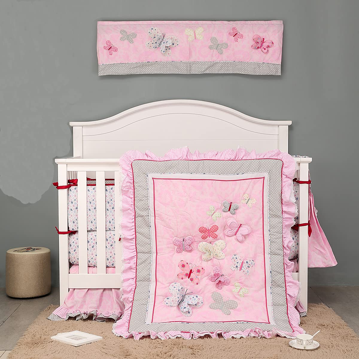 9-Piece Pink Floral Butterfly Nursery Crib Bedding Set for Baby Girls - Embroidered Flower & Butterfly Design with Lace Trim - Perfect for Newborn Nursery, Baby Shower Gifts & Cozy Crib Decor