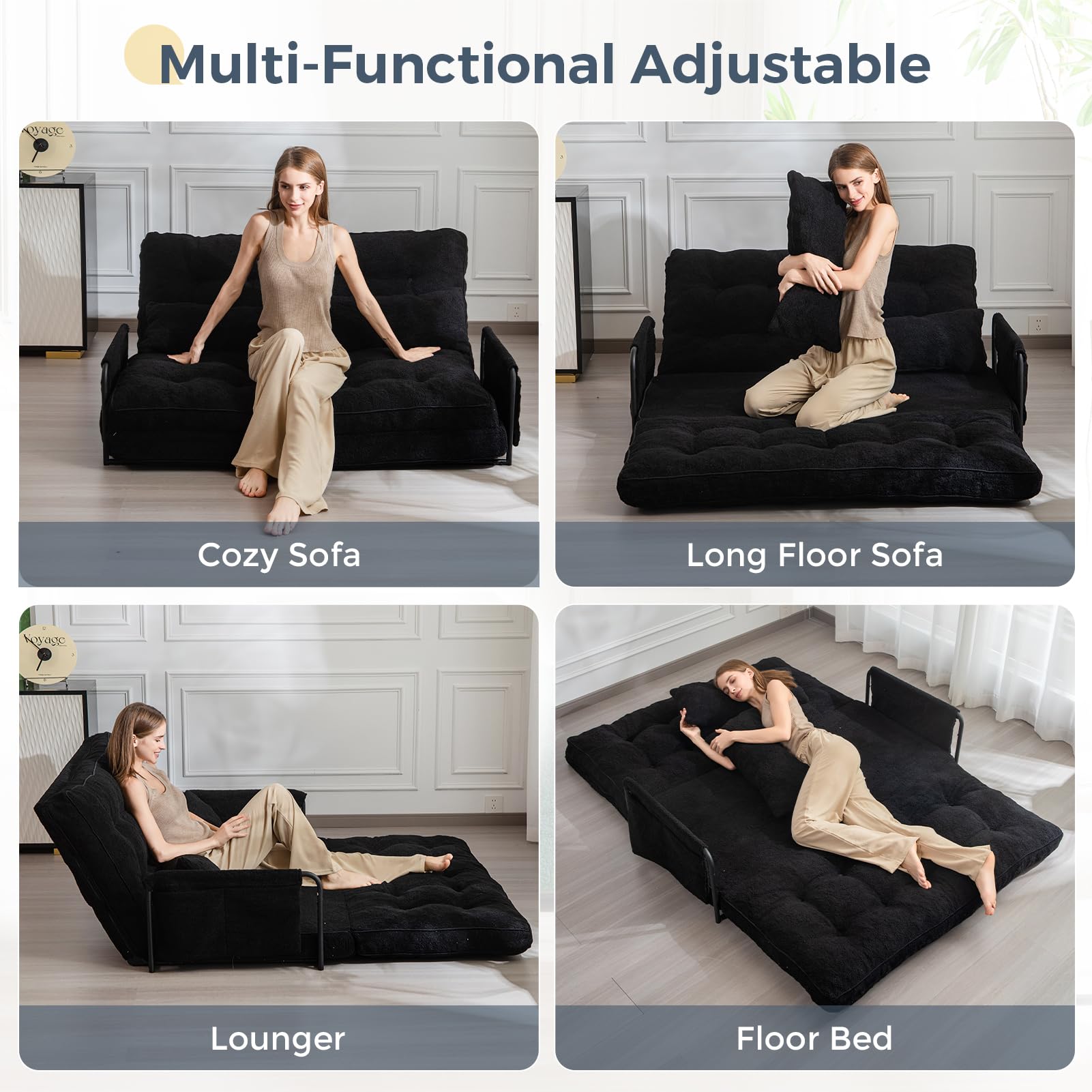 MAXYOYO Adjustable Floor Sofa Couch with 2 Pillows - Boucle Convertible Lazy Sofa Sleeper Bed with Armrest for Living Room, Bedroom & Small Spaces - Double Size in Black - Perfect for Lounging, Napping & Guest Sleeping