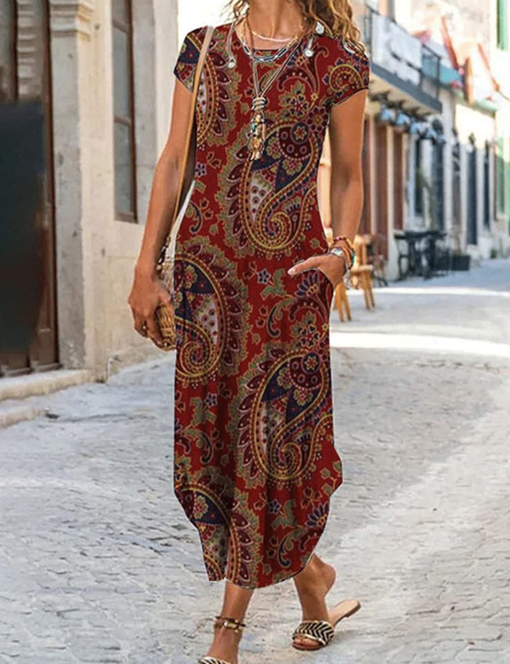 Women's Summer Casual Floral Maxi Dress with Pockets - Boho Short Sleeve Loose Fit Split Hem Beach Dress for Vacation, Party & Outdoor Activities