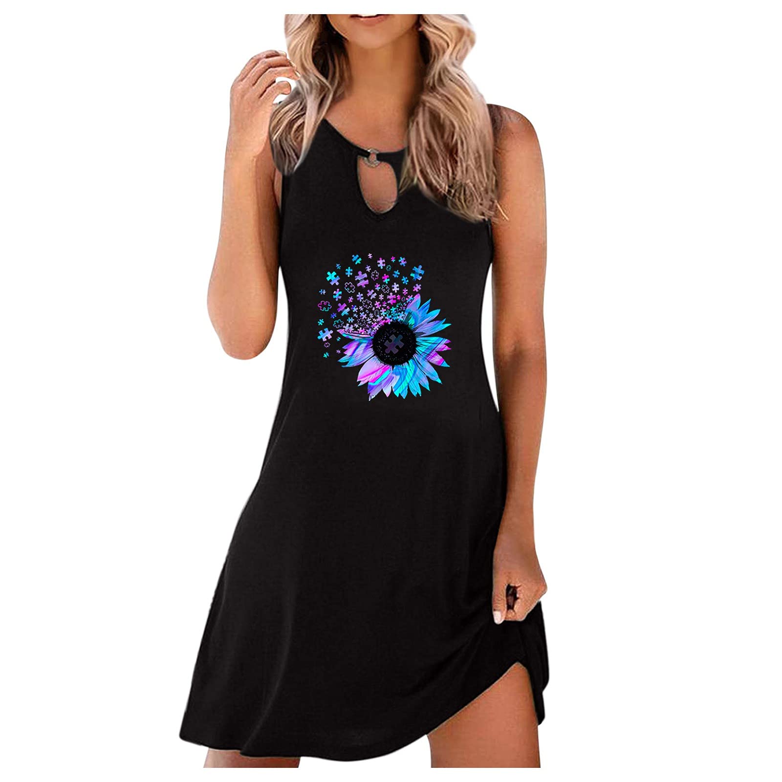 Floral Sleeveless Sundress for Women - Round Neck Loose Beach Tank Dress - Casual Summer Dress for Daily Wear, Vacations & Outdoor Activities